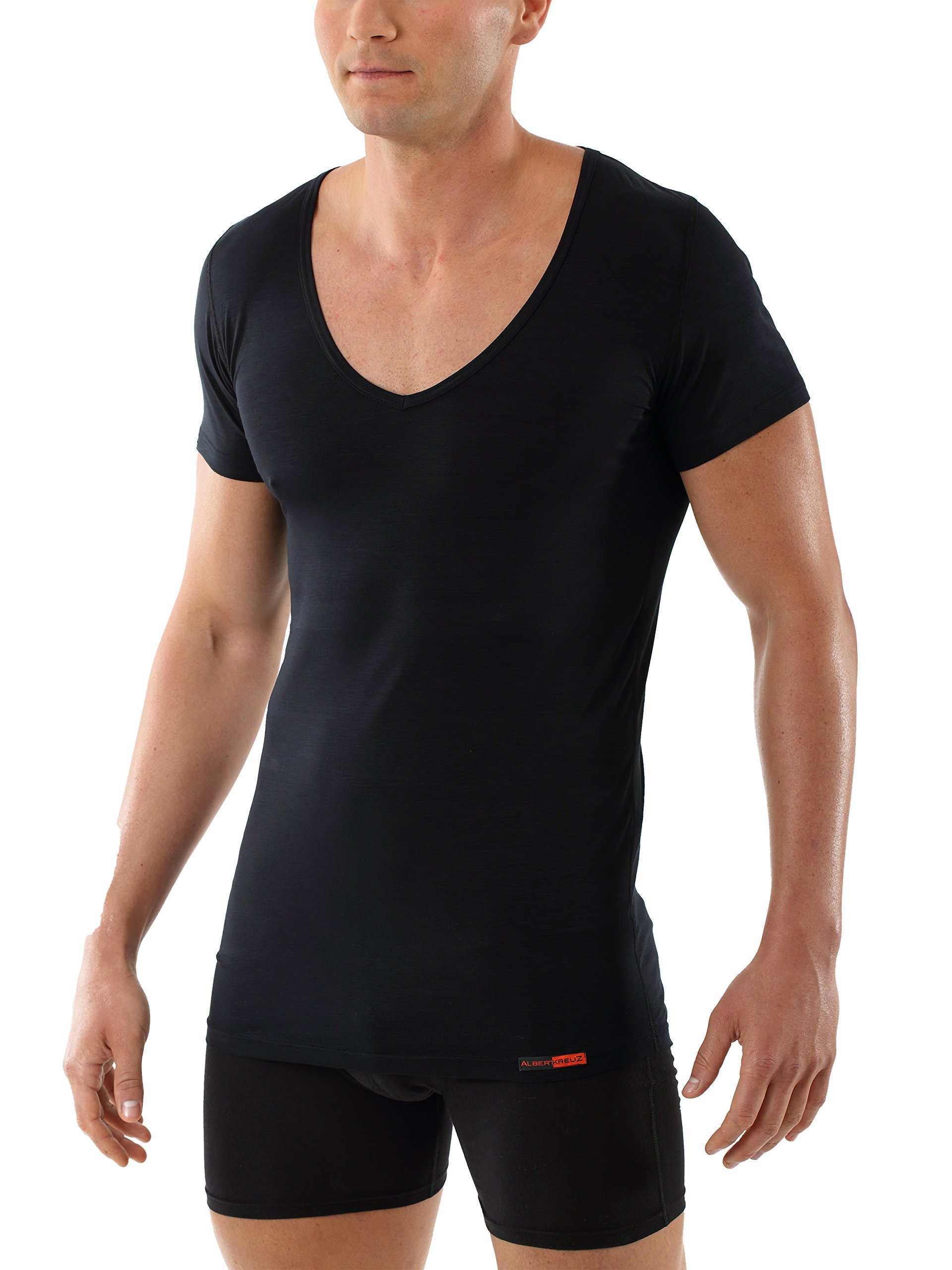 ALBERT KREUZ Maglietta Intima Nera da Uomo con Maniche Corte e Scollo a V Profondo (Deep-V) in Micromodal Elasticizzato, leggerissimo e Traspirante