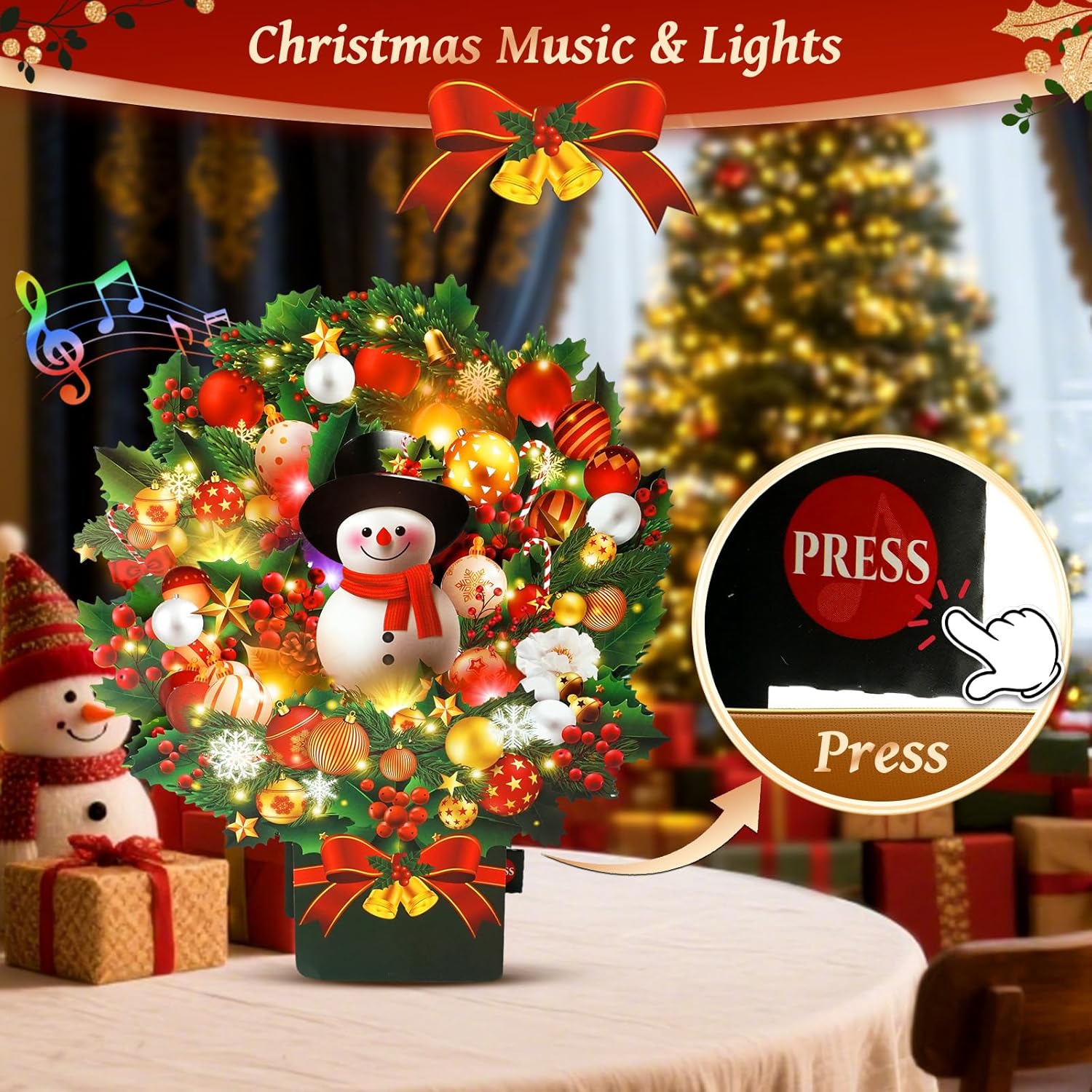Christmas Cards with Lights and Music, Christmas Bouquet with Snowman, Popup Musical Greeting Card for Holiday New Year - Image 2