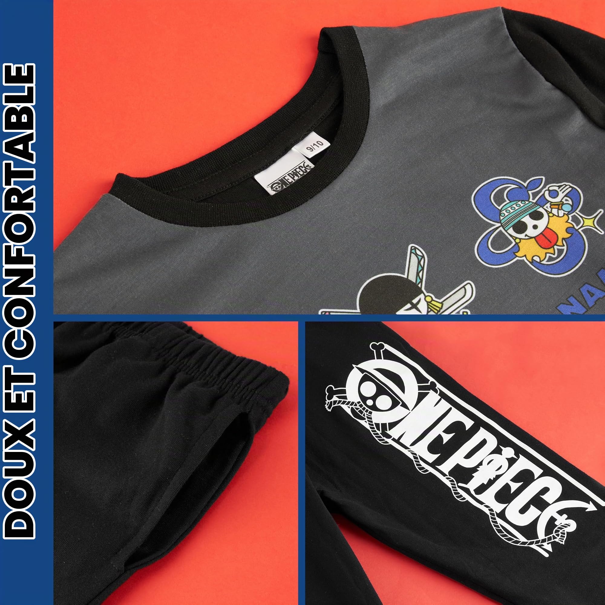 One Piece Pyjama Garçon Long, Ensemble Enfant et Ado 2 Pièces, Anime Vêtement de Nuit, Idée Cadeau Manga pour Fans de Luffy