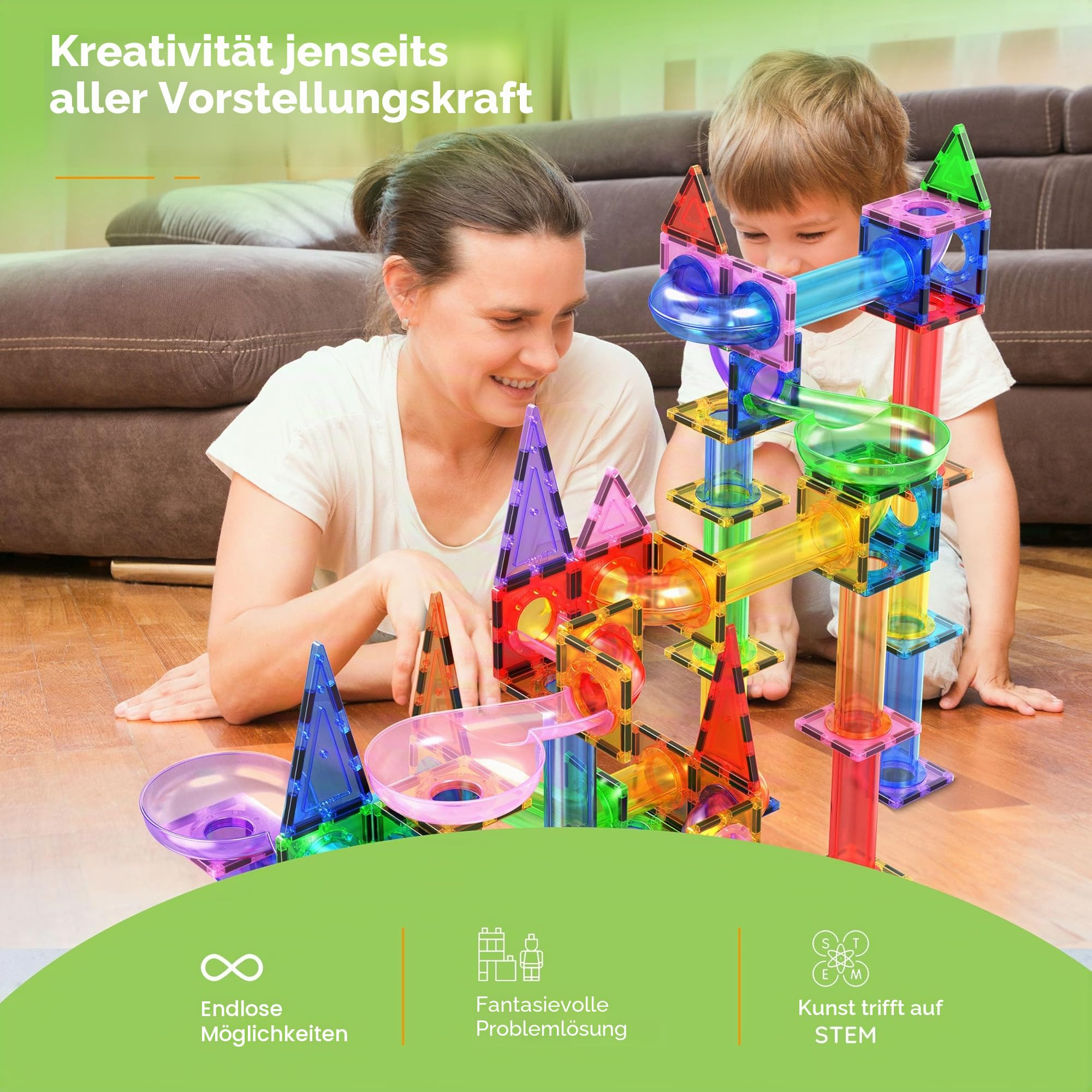 PicassoTiles 150-teiliges Marble Run Magnetfliesen-Set, STEM Kugelbahn 3+ | BPA- und bleifrei, 10 geometrische Formen, fördert Hand-Auge-Koordination, regt Kreativität an, ideales Geschenk für Kinder