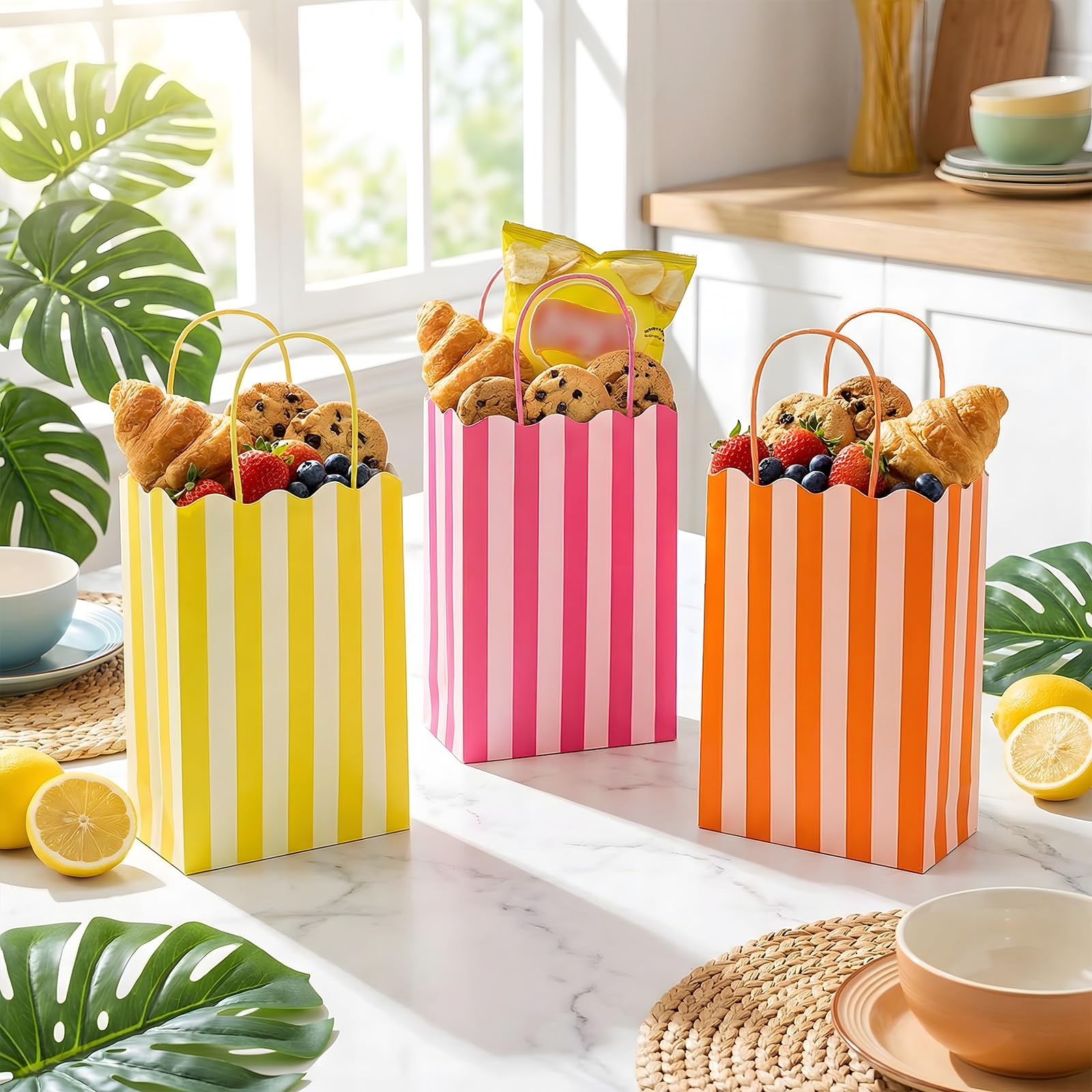 YQUQWN 24Pcs Colorful Stripe Goodie Bags, Scalloped Treat Bags with Handles Summer Gift Bags for Summer Birthday Wedding Party Favors Supplies