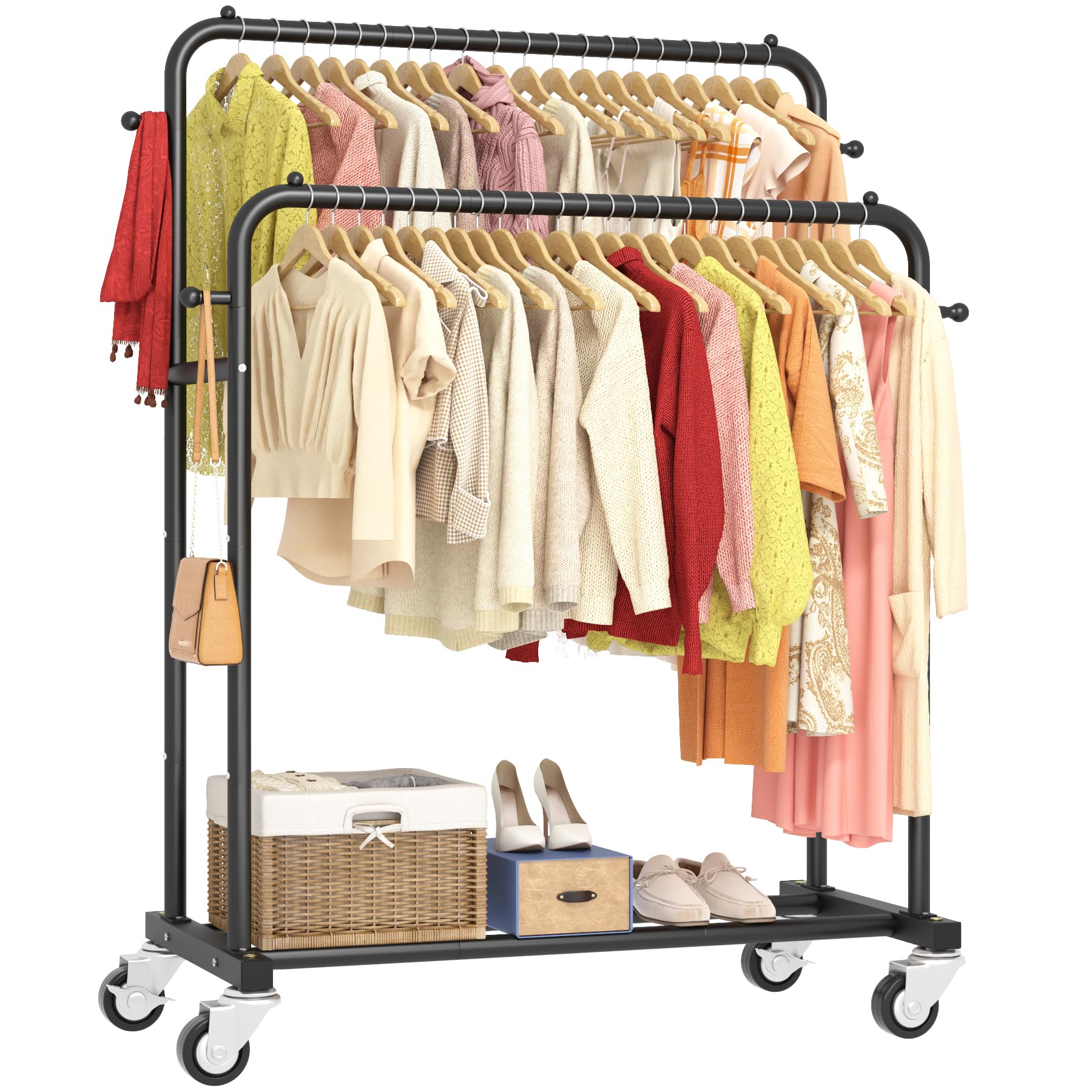 Laiensia Double Rods Garment Rack with Wheels, Clothing Rack for