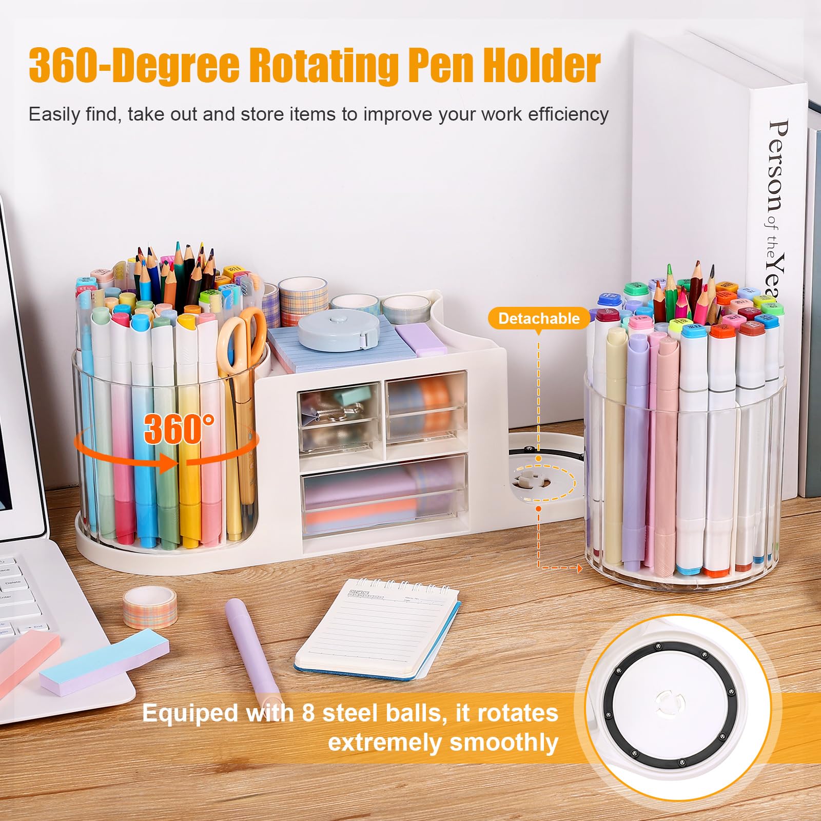 BOBOKA Organiseur de bureau rotatif avec 3 tiroirs, porte-crayons multifonction pour bureau, organiseurs de bureau et accessoires avec 10 emplacements pour crayons + 3 tiroirs pour fournitures d'art