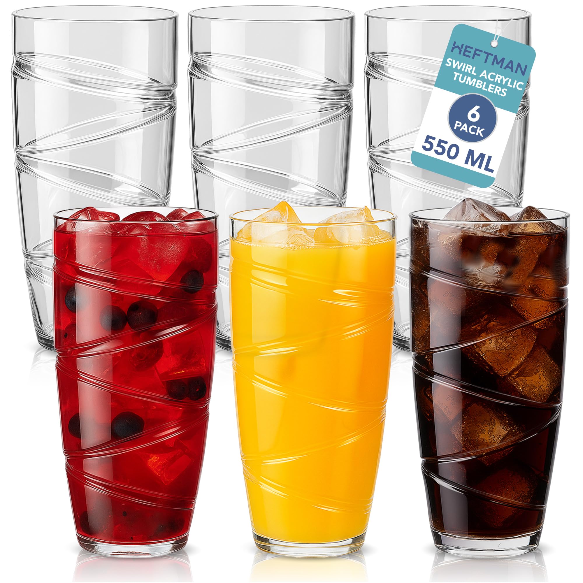 HEFTMAN Plastic Tumblers Set of 6-550ml Acrylic Tumbler Glasses with Swirl Design, Stackable Re-usable Plastic Glasses for Garden, Picnics, Camping, BBQs, Parties or Everyday Use (Clear)