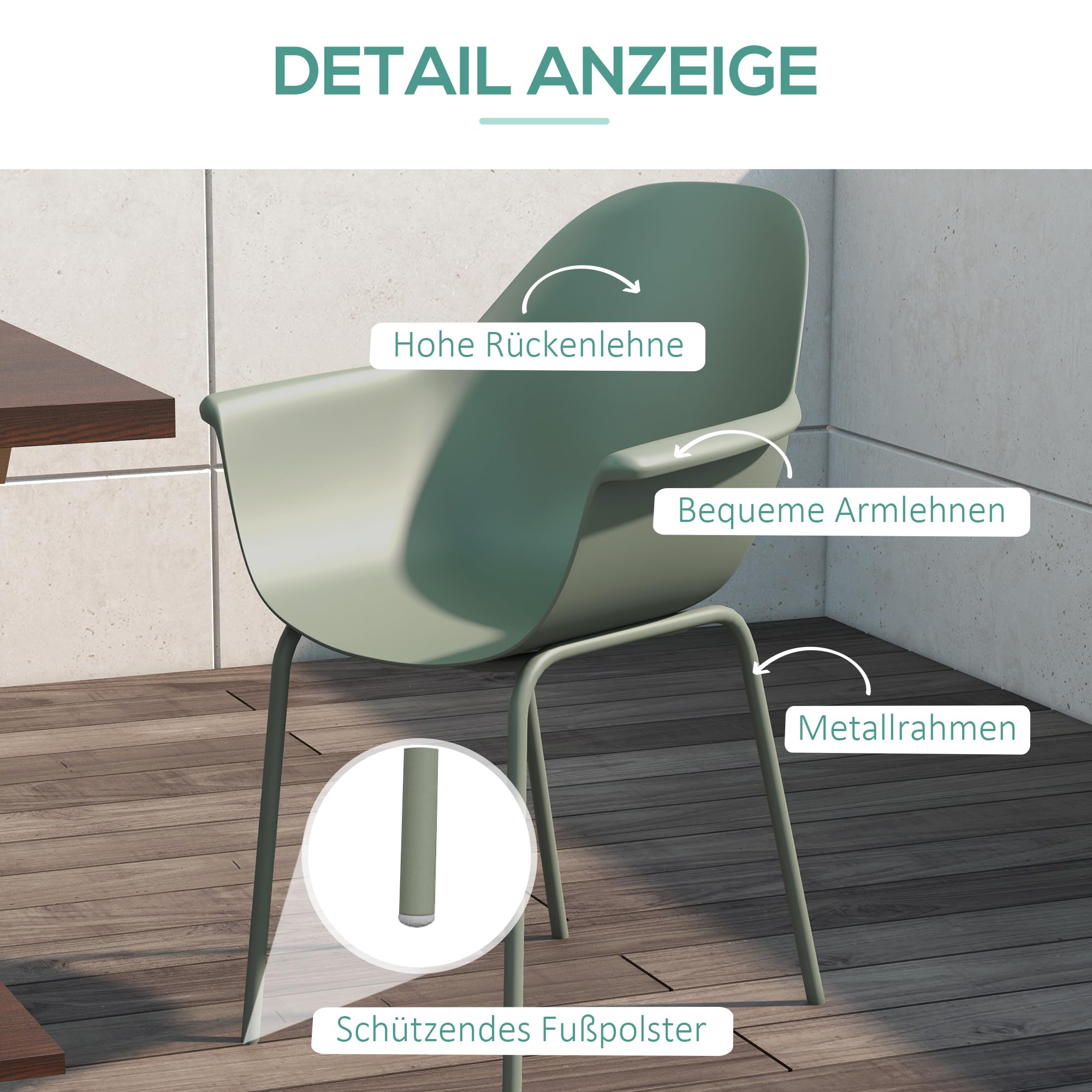 Outsunny Gartenstuhl 4er Set Gartenstühle Armlehne Rückenlehne Grün | Wetterfest, Kunststoff, Terrassenstuhl, Bis 120 Kg Belastbar, Gartenmöbel für Hinterhof, Garten, Balkon