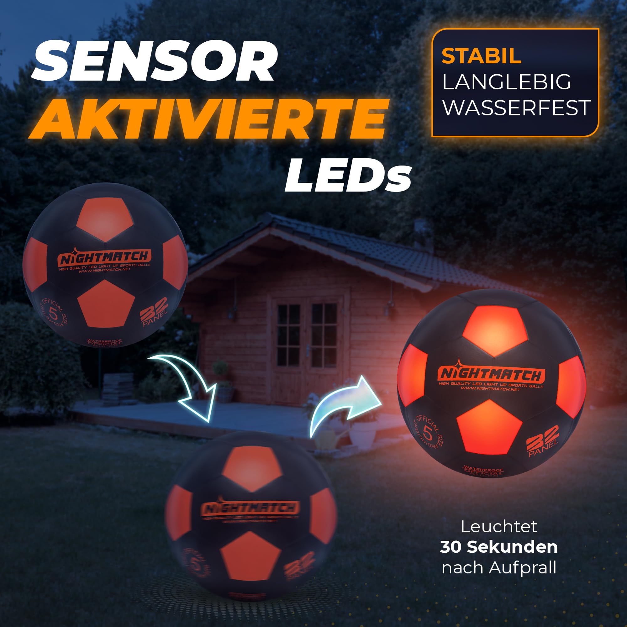 NIGHTMATCH Offizielle Größe 5 Wasserbeständig LED Leuchtfußball - Leuchtender Fußball für Nachtspiele, Kinder, Erwachsene - Komplettset mit Pumpe & Extra Batterien