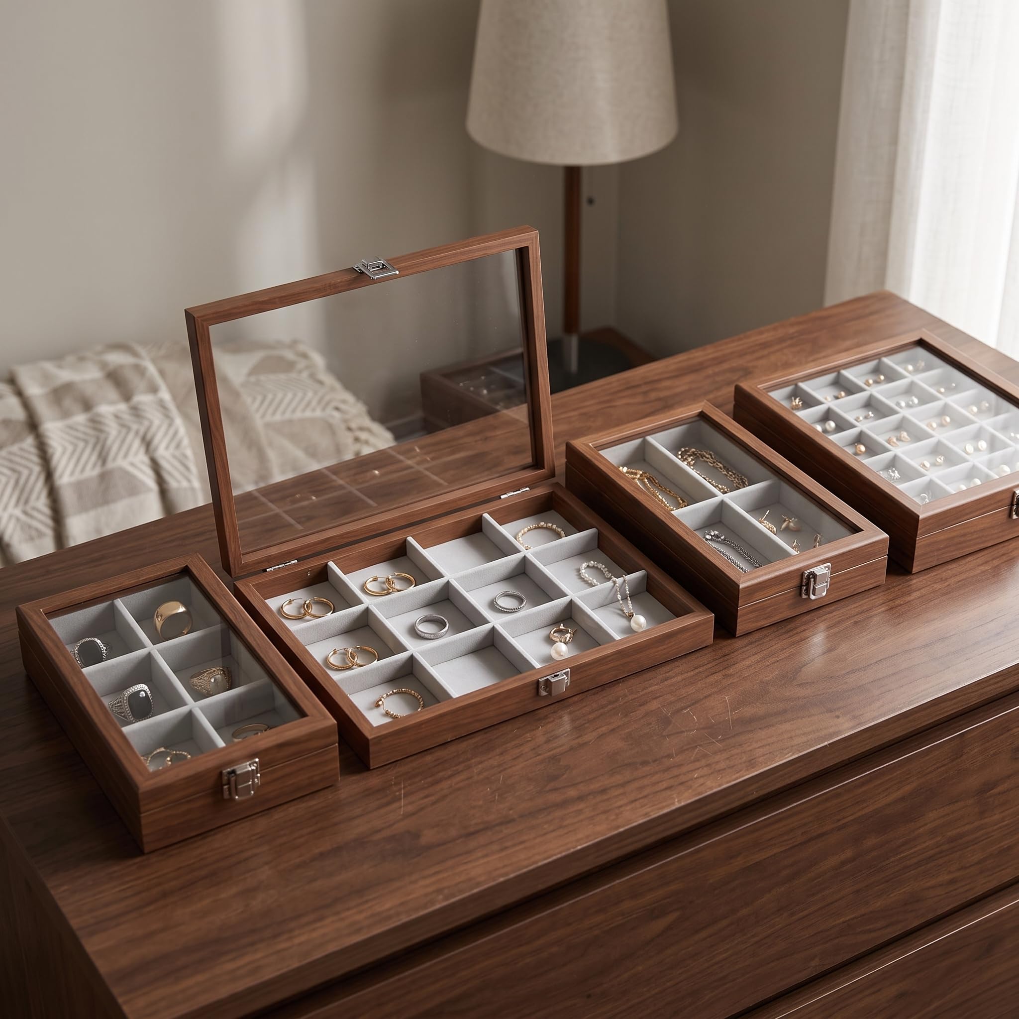 Boîte à bijoux en bois avec couvercle en verre, organisateur bijoux d'affichage pour montres et bagues, Rétro, Douze compartiments