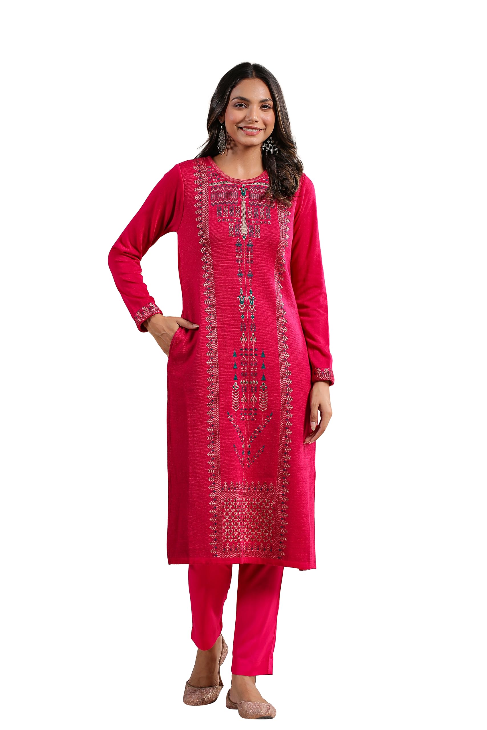 Ishin Women's Pink Jacquard Style Ethnic Motifs Straight Winterwear Kurta