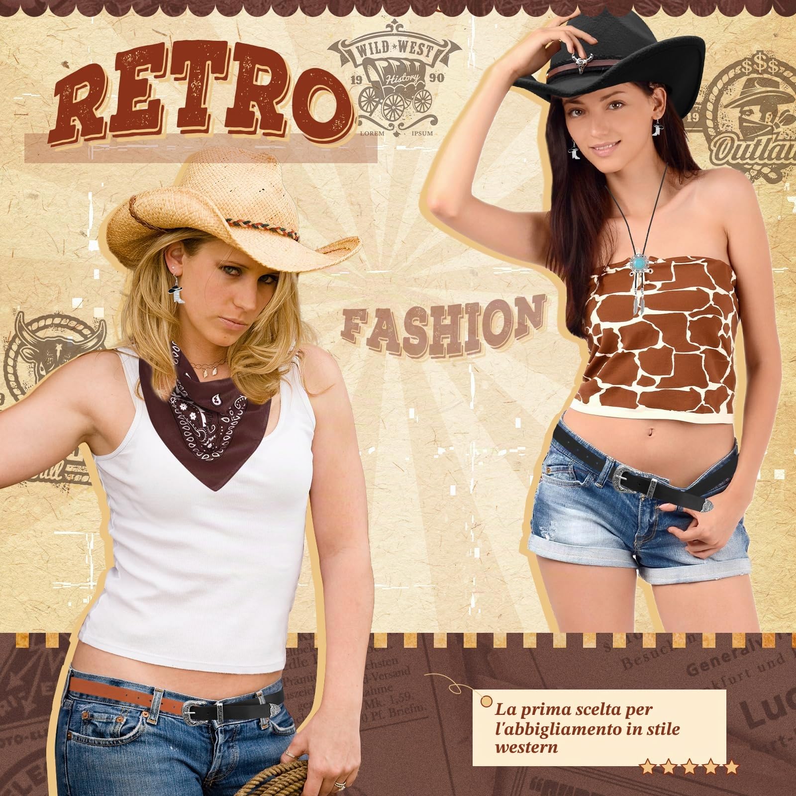 Set di 5 cappelli da cowgirl da donna, costume da cowgirl, set di accessori con cappello, collana, orecchini, cintura, bandana per Halloween, balli in maschera, cosplay, feste