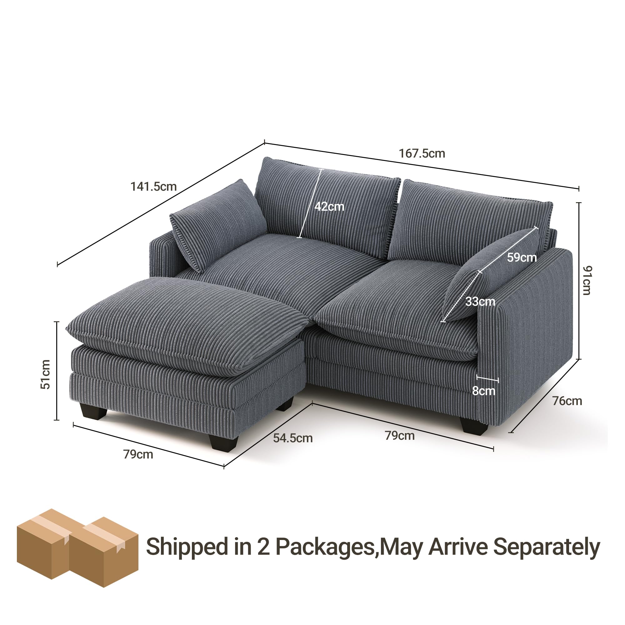 Xbro Divano Modulare a L 2 Posti con Pouf, Divano Cloud in Tessuto a Coste, Seduta Profonda e Morbida, Rivestimento Sfoderabile, Divano Compatto per Soggiorno e Camera, Grigio Scuro