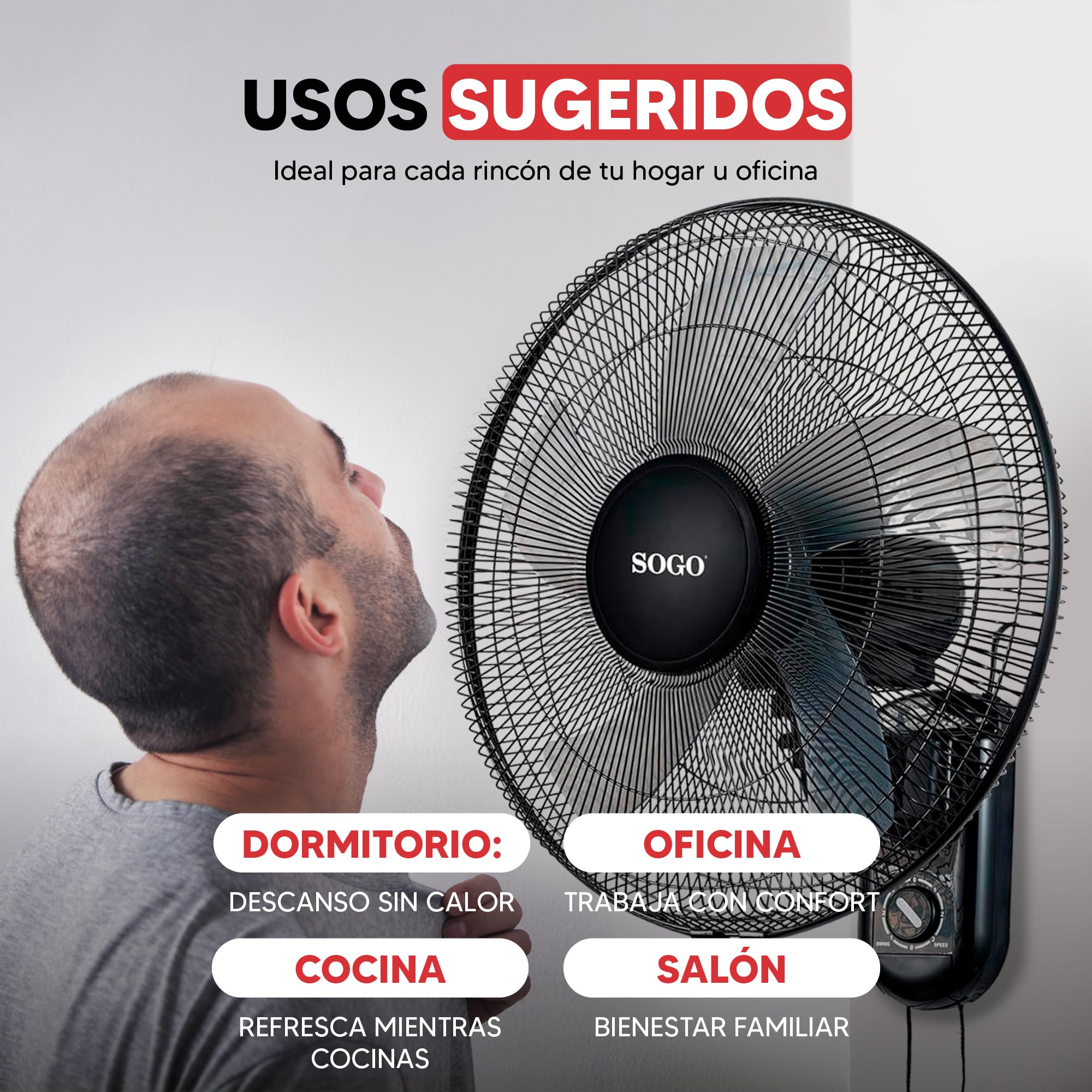 SOGO Ventilador de Pared Silencioso con 5 Aspas y 3 Velocidades - Ventilador de Pared Bajo Consumo con Oscilación Automática e Inclinación Ajustable - Ventilador Potente para Hogar u Oficina