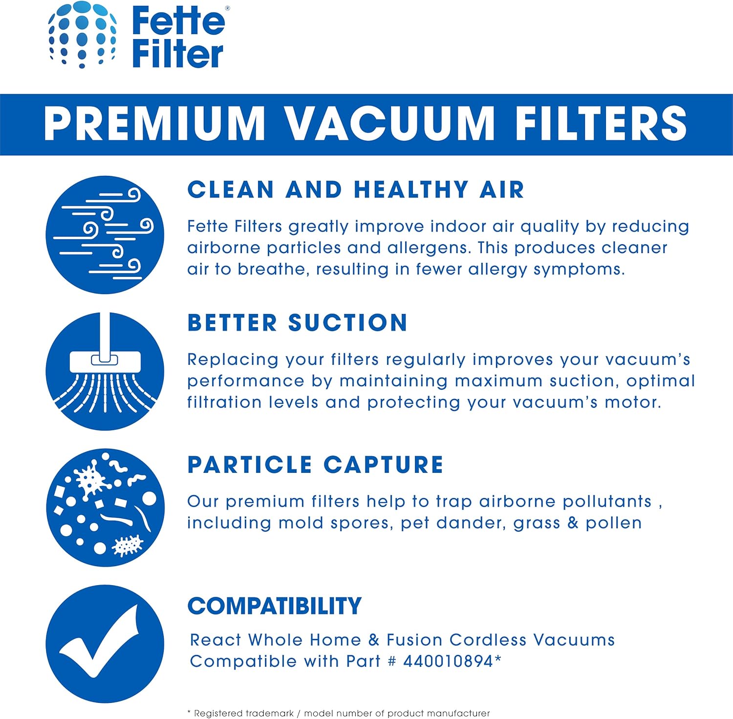 Fette Filter - Vacuum Filter Compatible with Select Hoover Vacuums. Compare to Part # 440010894 - Pack of 4