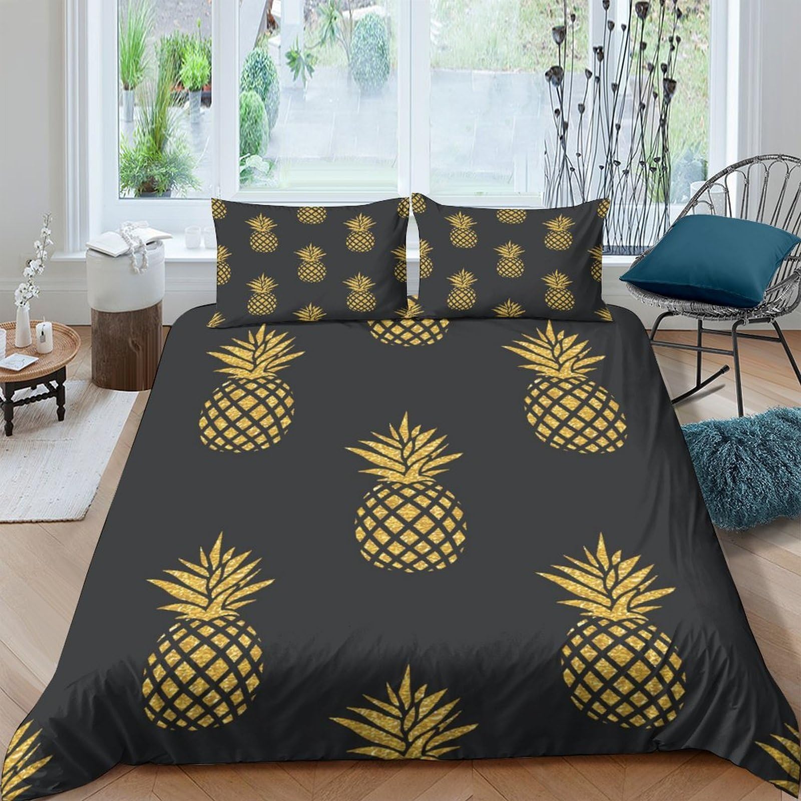 Ctjqhvkz Style-9 3D Printed Golden Pineapple Fitted Sheet Microfiber Soft Black Bed Cover For Bedroom Dorm Mattress Decor Protection Single（135X200cm）