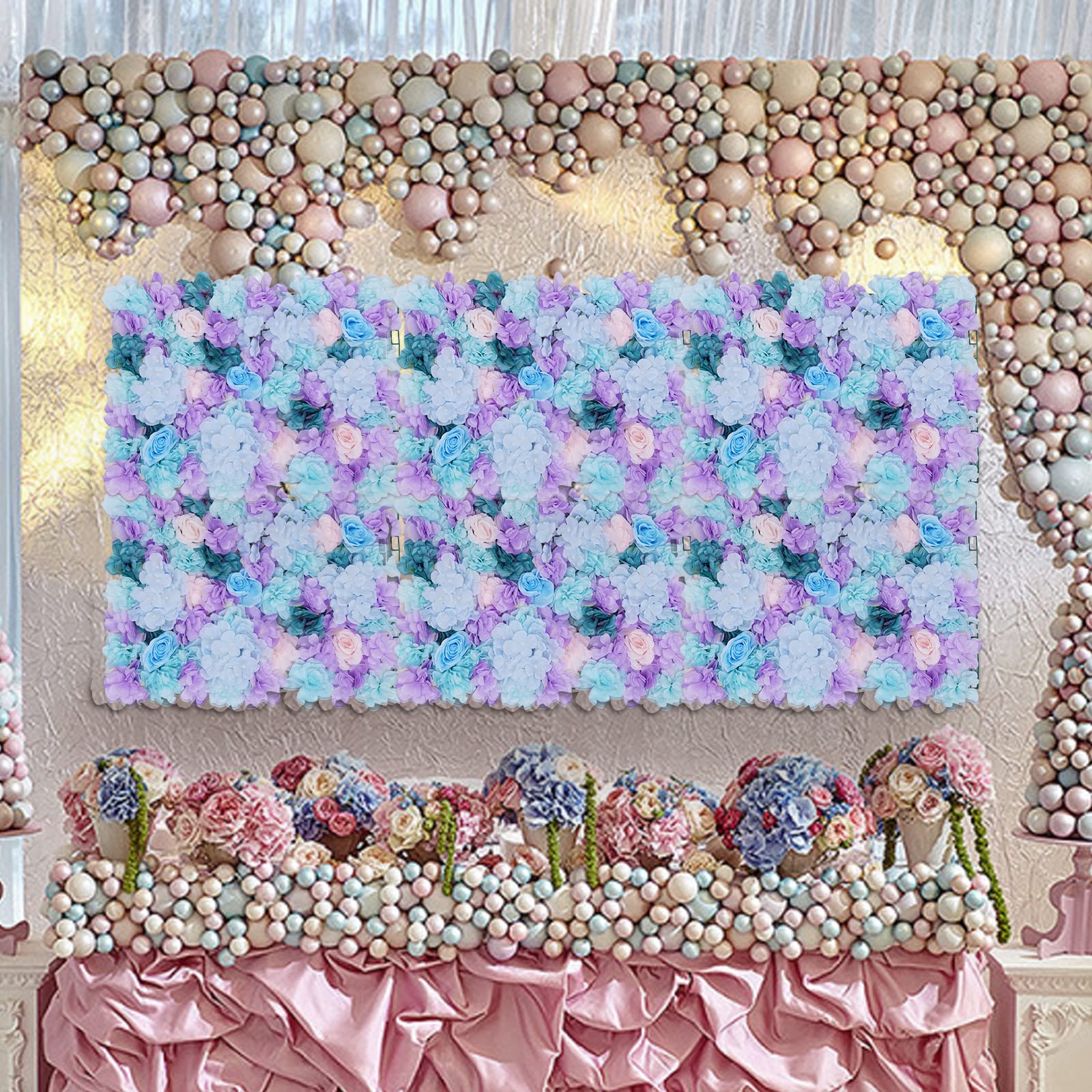 6 Stück DIY Deko Blumen Wandpaneele Hochzeit Hintergrund, Künstliche Blumen Wandhintergrund Seidenblumen Wand Panel, Dekorative Kunstblumen-Wandmatte Wanddekoration für Hochzeit Party (Blau)