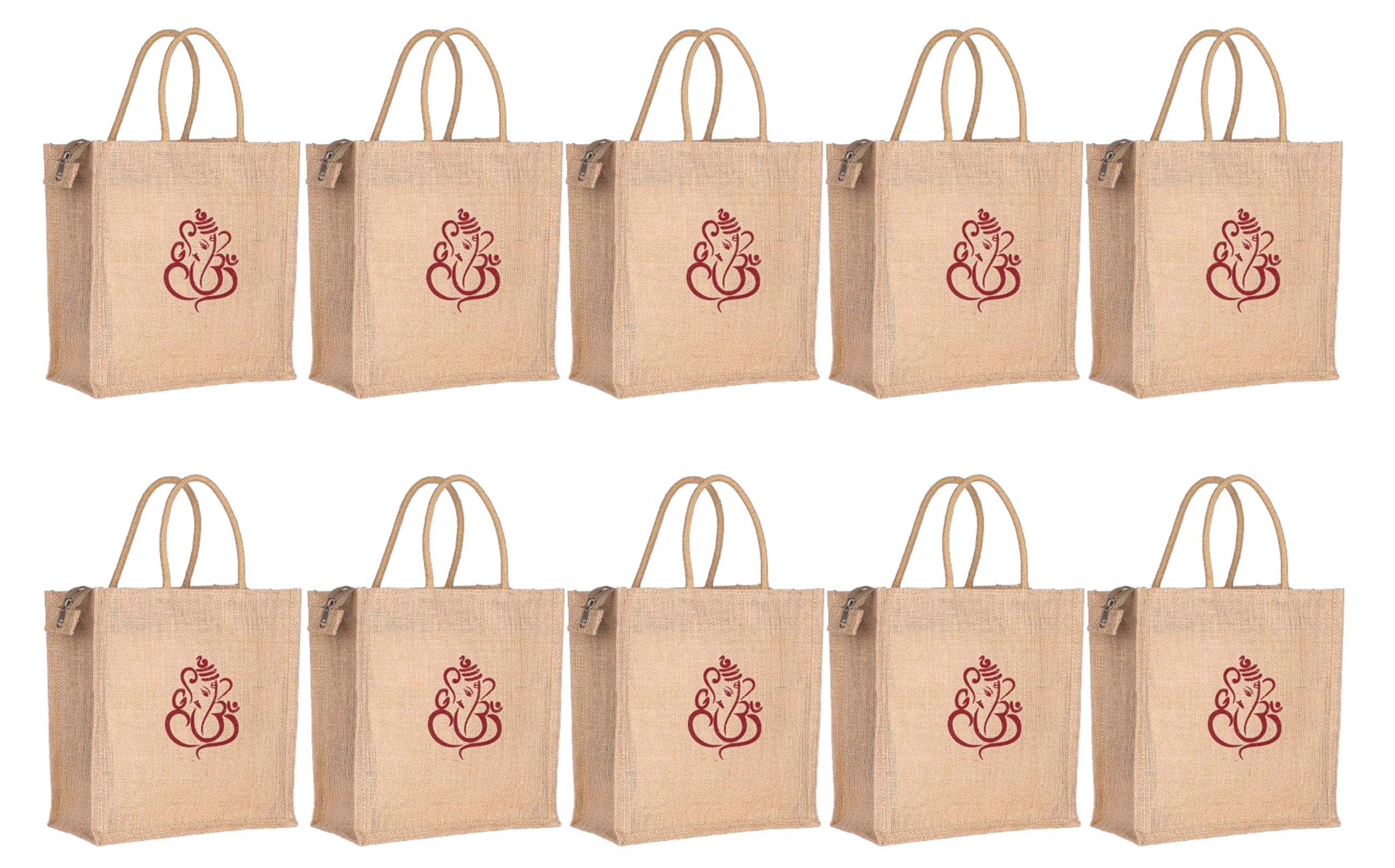 Soman Jute Ecofriendly Return Gift Bags Ganesha printed with Zip Natural Pack of 10 Bags