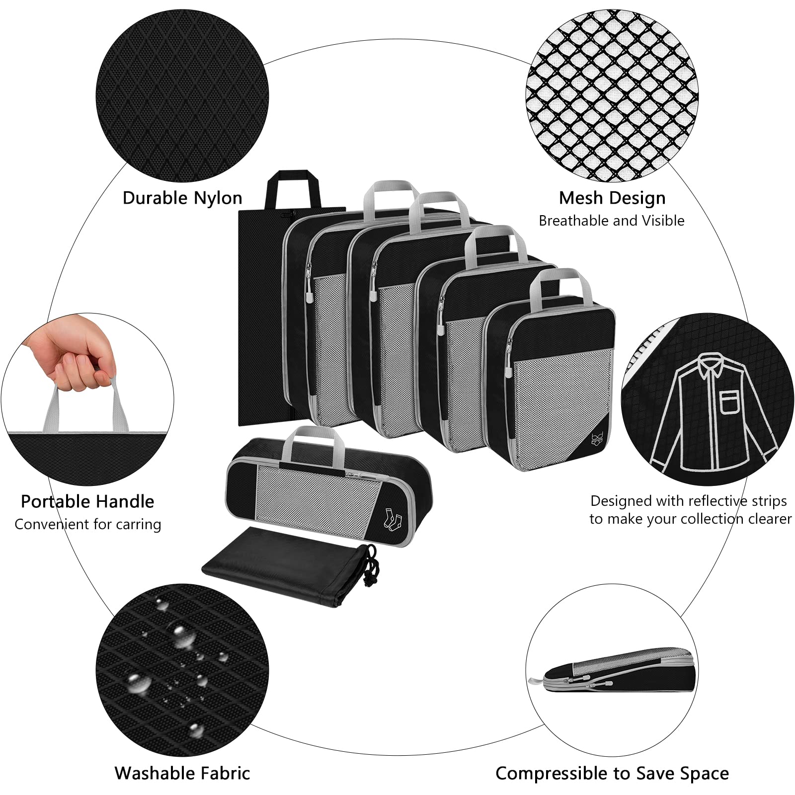 Organisateur Valise, Lot de 7 Compression Packing Cubes, Set de Organiseurs de Bagage pour Voyage,Sacs de Rangement pour Les Vêtements,Chaussures,Noir
