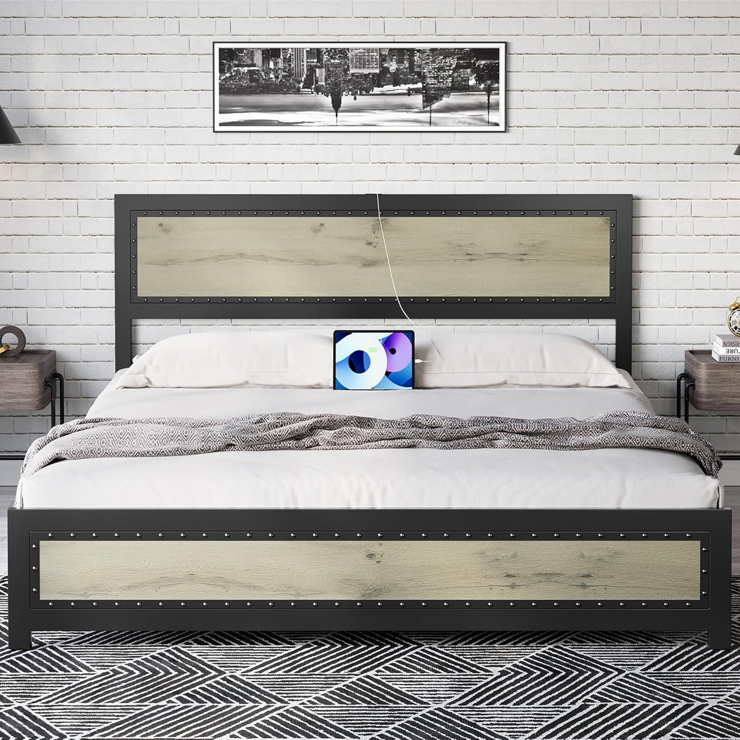 GarveeHome Full Size Bed Frame with Charging Station, Industrial Design Platform Bed Frame with Headboard and Metal Slated Frame, No Spring Box Need, Easy Assembly, Wash Grey