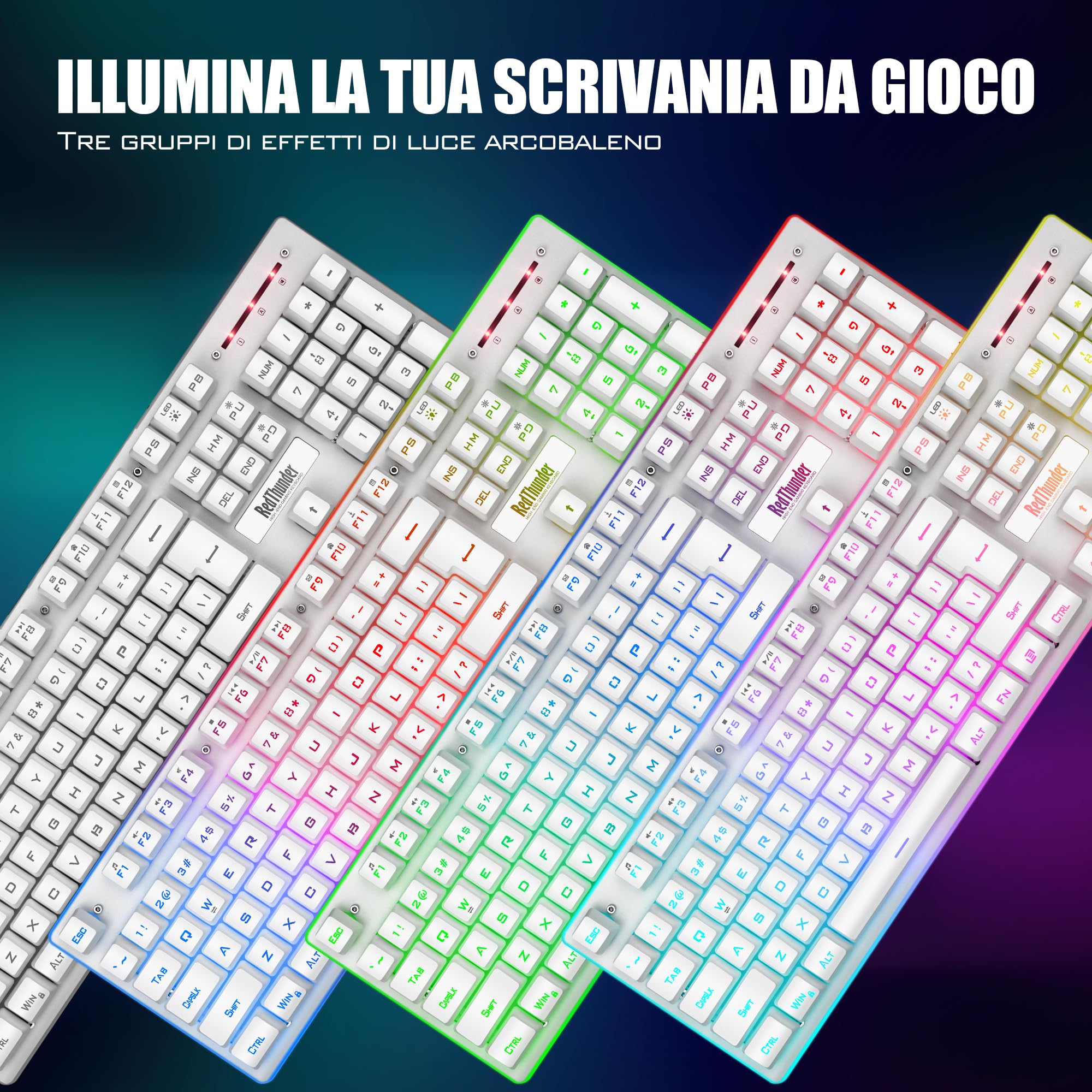 RedThunder K10 Set Tastiera e Mouse da Gioco Wireless, Retroilluminazione a LED, Batteria Ricaricabile da 3800 mAh, Sensazione Meccanica, Anti-ghosting+Mouse 7D 3200DPI, Layout IT, Giocatori PC-Bianco