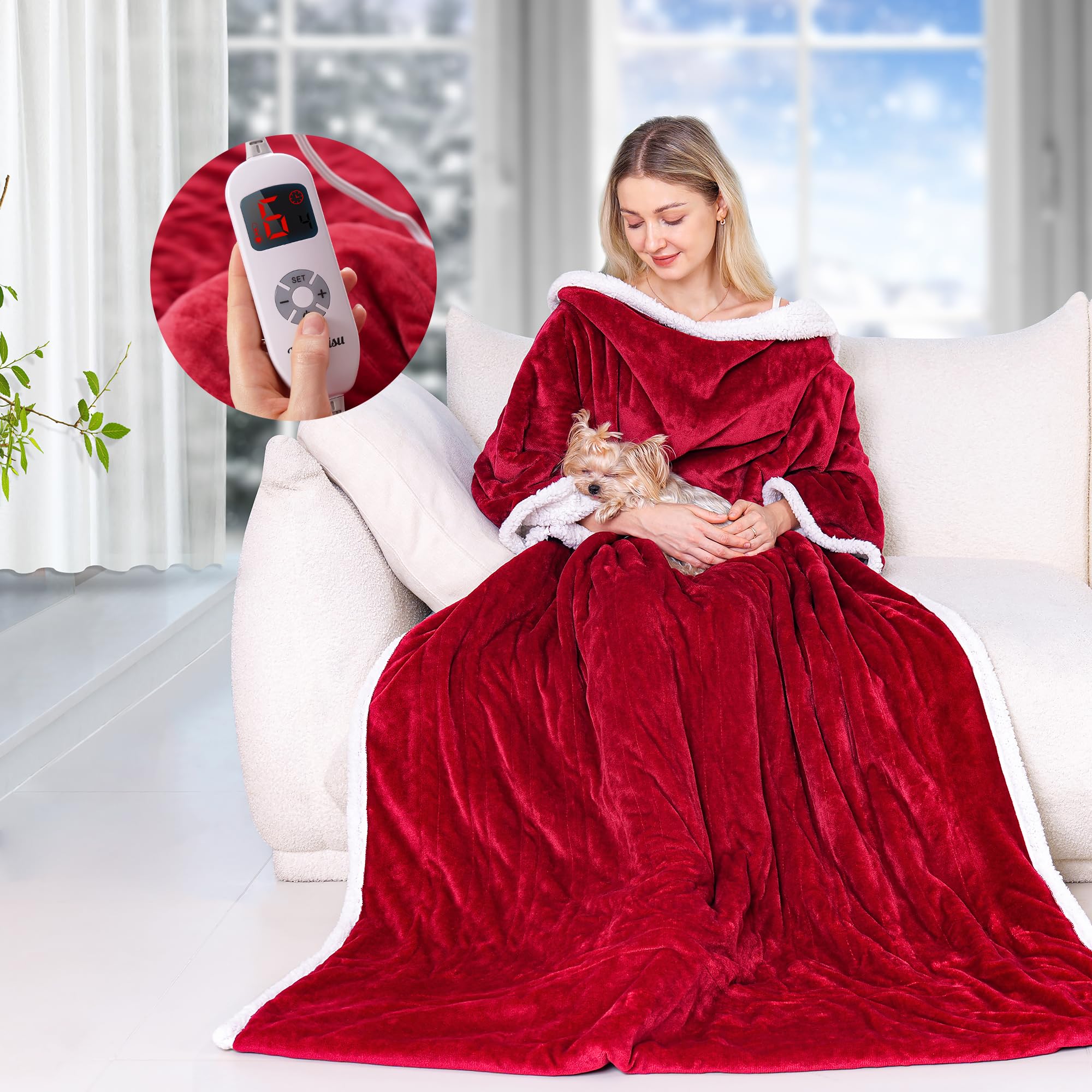 Yokimisu - Portable Heated Blanket, Electric Poncho with Pockets, 6 Heating Levels and 4 Hour Time Settings, 50" x 70", Red