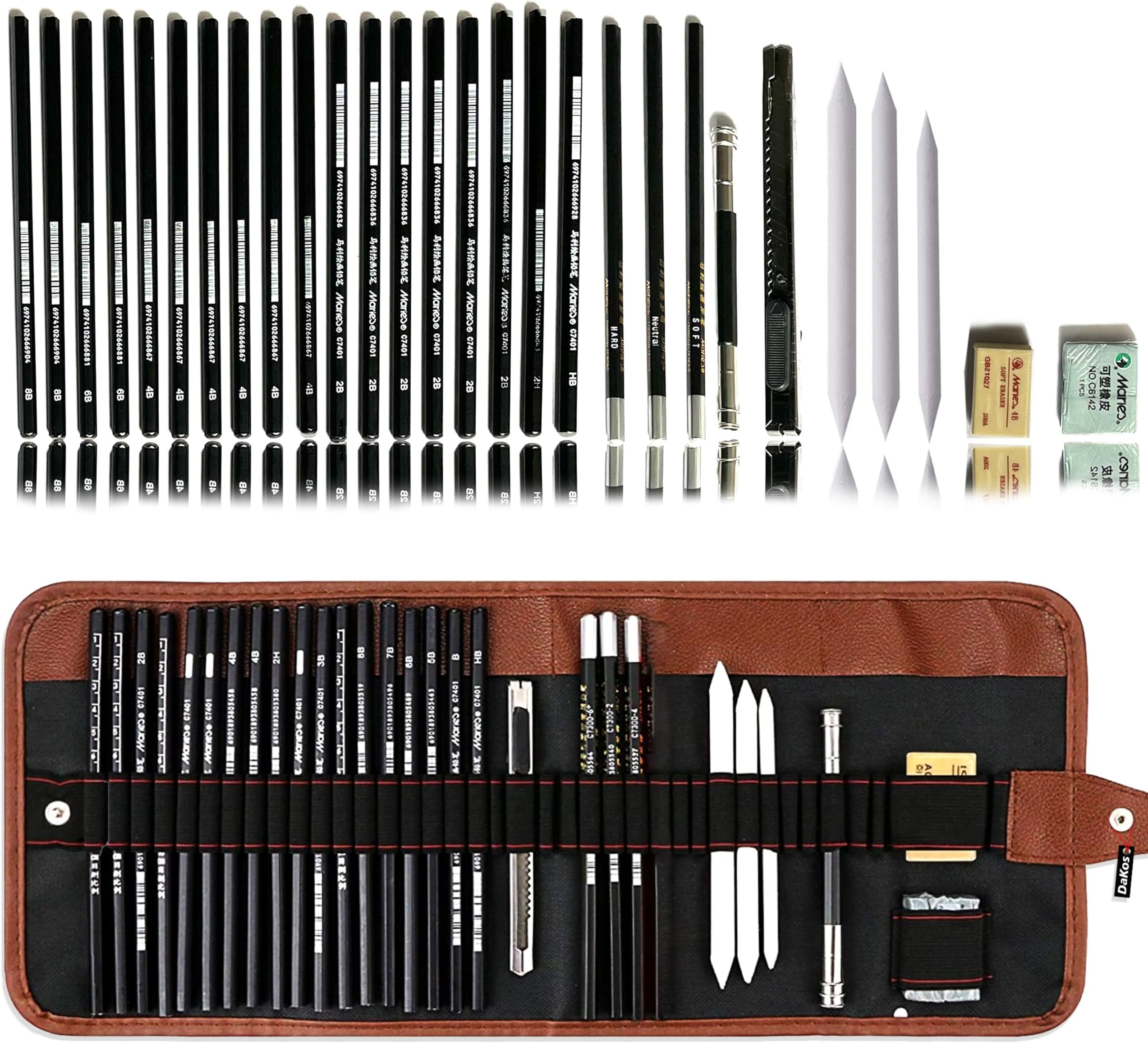 DaKos 29 Pieces Professional Sketching & Drawing Art Tool Kit with Graphite Pencils, Charcoal Pencils, Paper Erasable Pen, Craft Cutter-Lightwish (with Canvas Rolling Pouch)