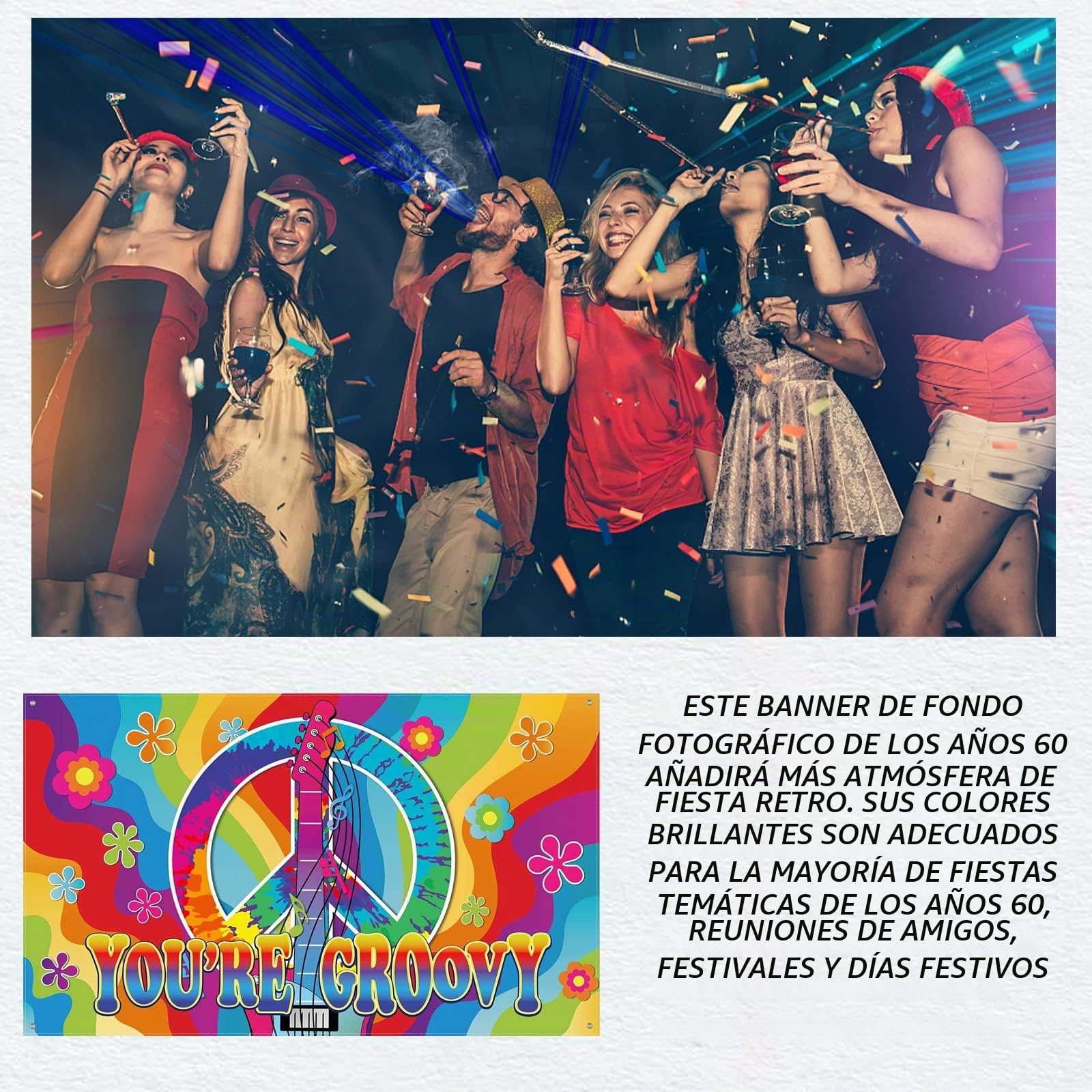 Decoraciones de Fiesta de los Años 60 Hippie Groovy Telón de Fondo Photo Booth Prop Telón de Fondo Con Cuerda Hippie Temática Groovy Party Decor,72.8 X 43.3 Pulgadas