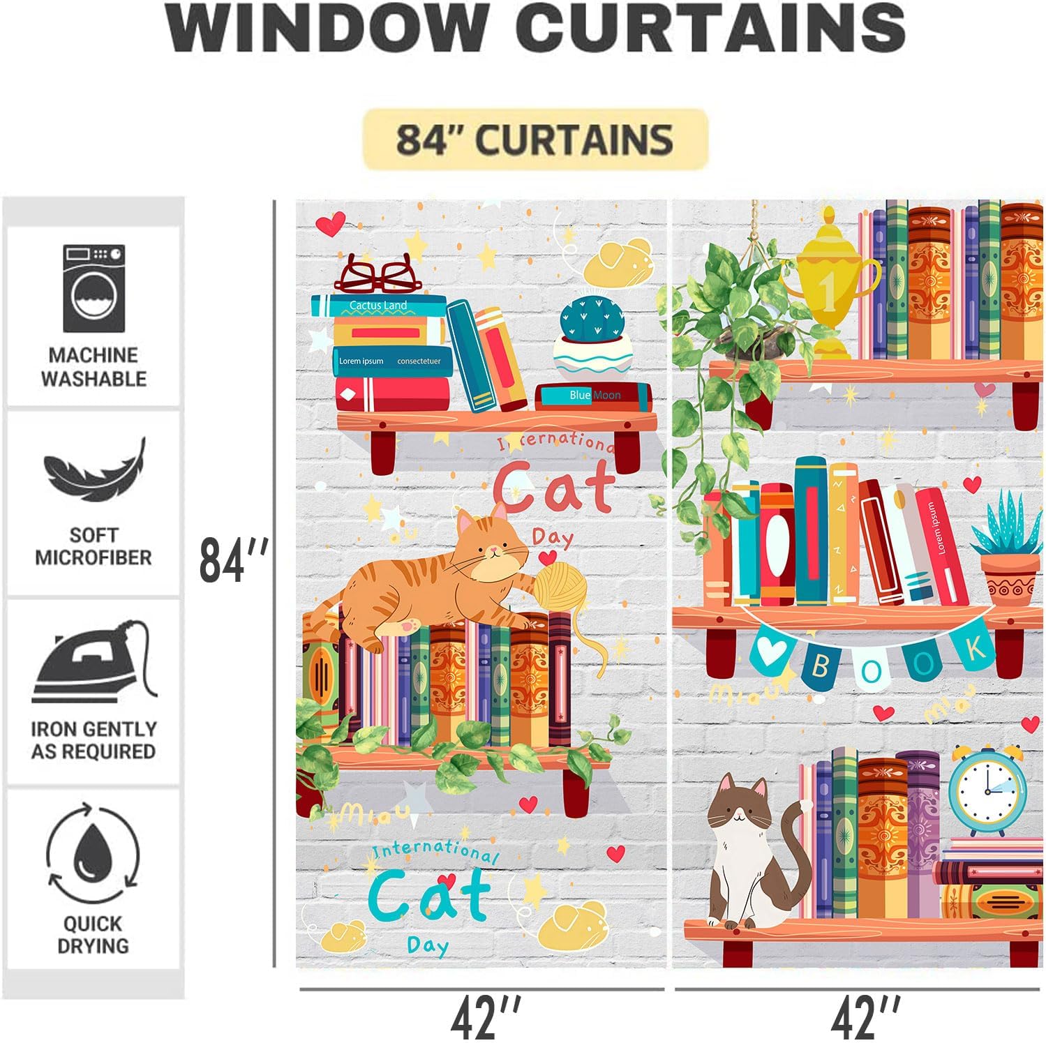 Bookshelf Brick Wall Curtains Cartoon Animal Cat Blackout Curtain for Kids Girls Boys Bedroom Modern Art Style Insulated Privacy Drapes for Living Room Guest Room 2Panels 42x84inch CLDJMS0162