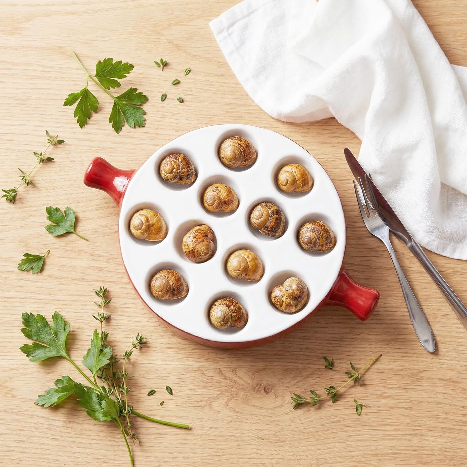 Platos Escargot de cerámica (2 unidades) de 9 pulgadas con mango platos pies, juego de agujeros seguros para el hogar, restaurante hotel (marrón, 9.4 pulgadas)