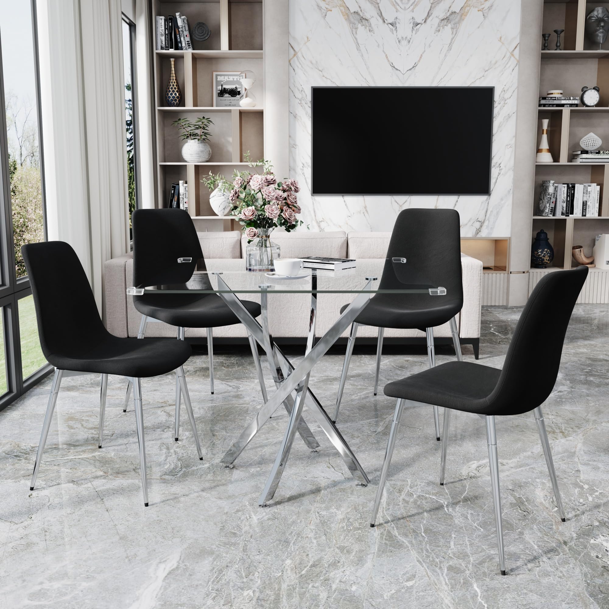 36" Square Glass Dining Table Set for 4, 5-Piece Modern Kitchen Table with 4 Black Velvet Chairs, Modern Circle Leisure Table for Home Office Dining Room Small Spaces (Silver Leg)
