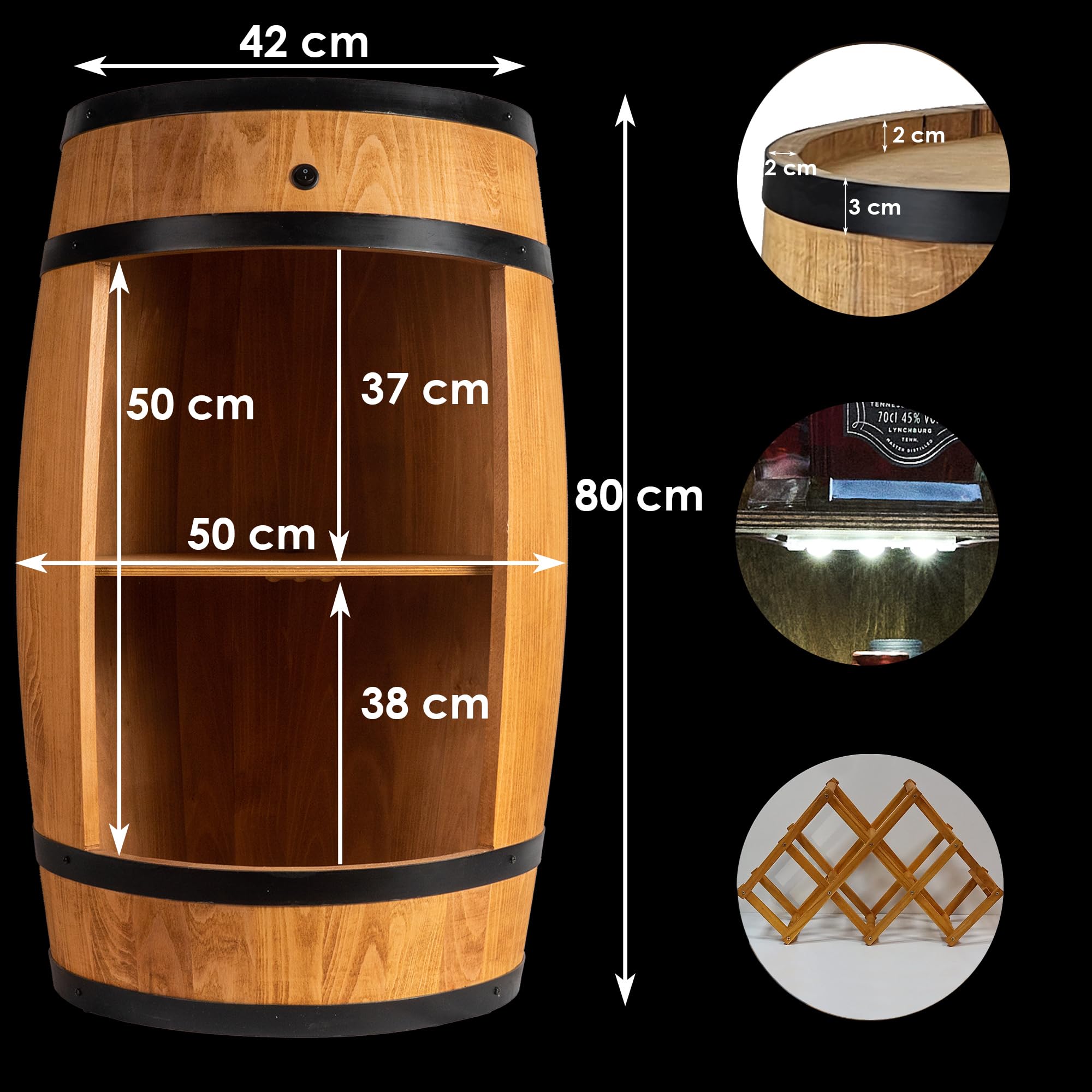 CREATIVE COOPER Barile di Legno a LED Con Portabottiglie per Vino, 80 x 50 cm, Decorazione Rustica per Bar, Whisky (Rovere)