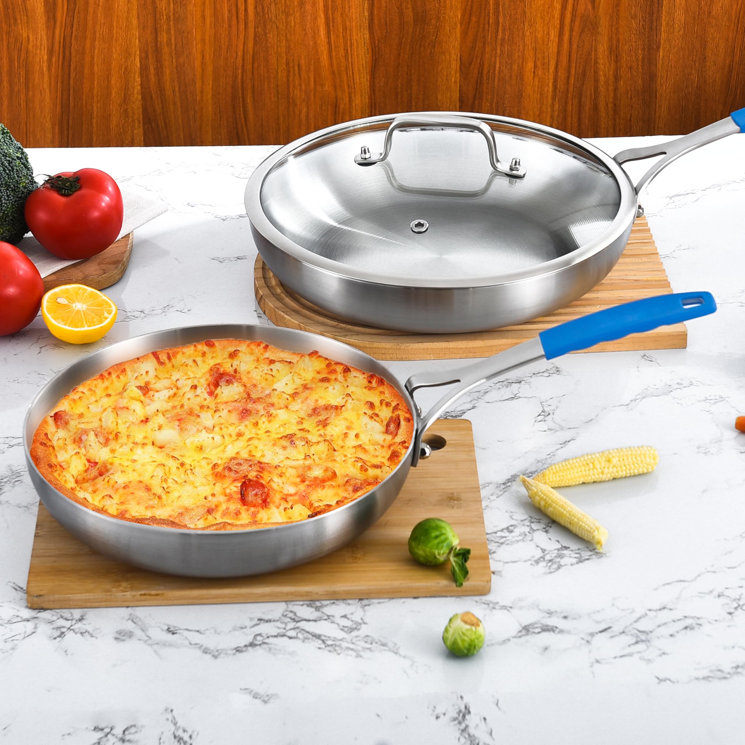 Juego de sartenes de acero inoxidable de tres capas de 8.5 a 12 pulgadas con tapa, sartenes, juego de sartenes de inducción, apto para lavavajillas y horno, mango desmontable 7