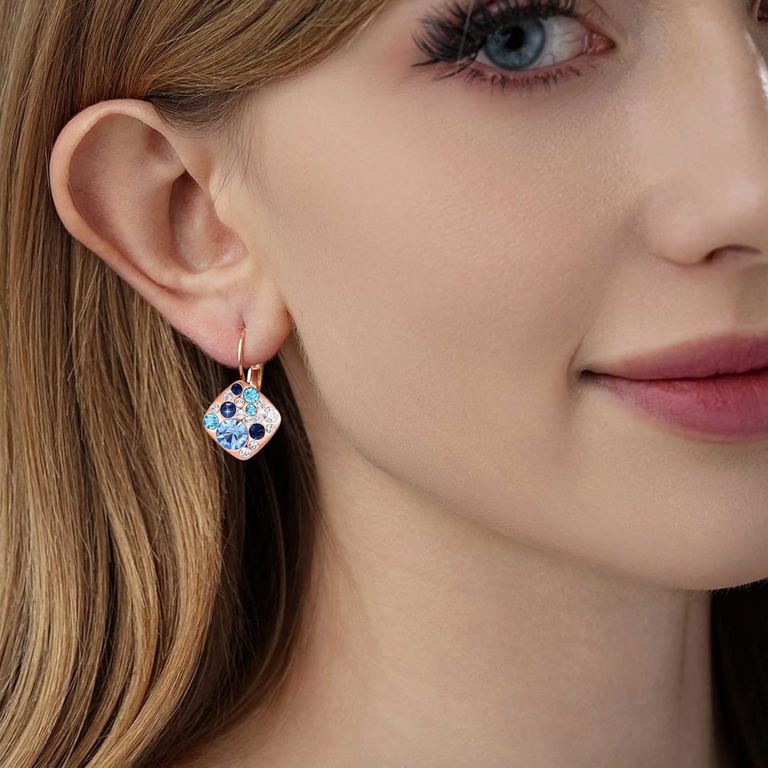 Multicolored Austrian Crystal Square Drop Leverback Earrings for Women 14K Gold Plated Huggie Earrings Hypoallergenic Jewelry - Image 2