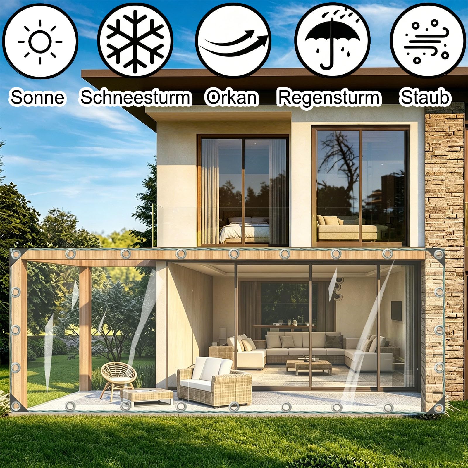 Transparente wasserdichte Abdeckplane mit Ösen 420g/m², PVC-Planen 2.5x3m