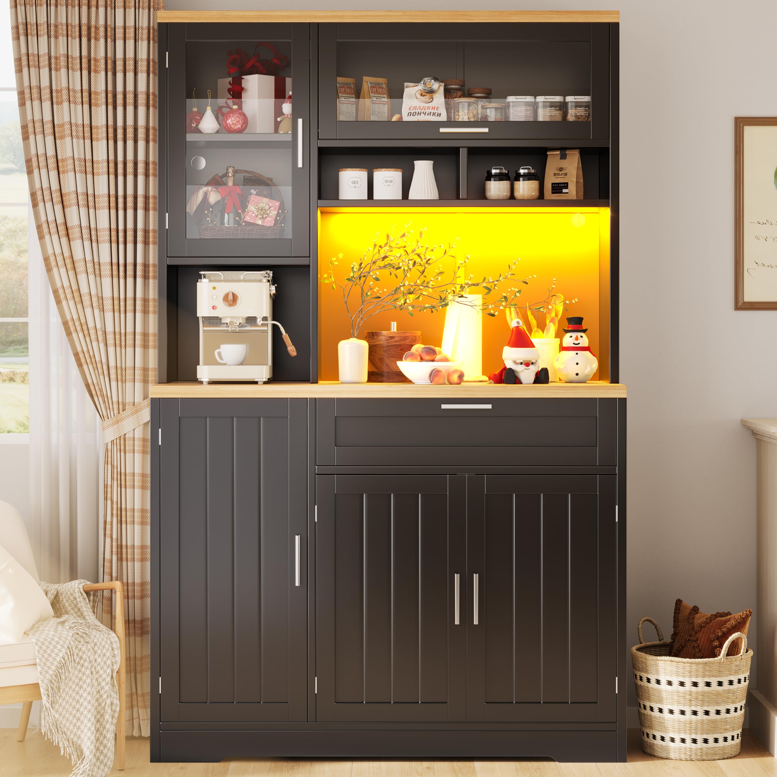 Kebnor Küchenschrank, Hochschrank/Vitrine mit LED-Beleuchtung, 104x40x180 cm, für Küche & Wohnzimmer (weiß)