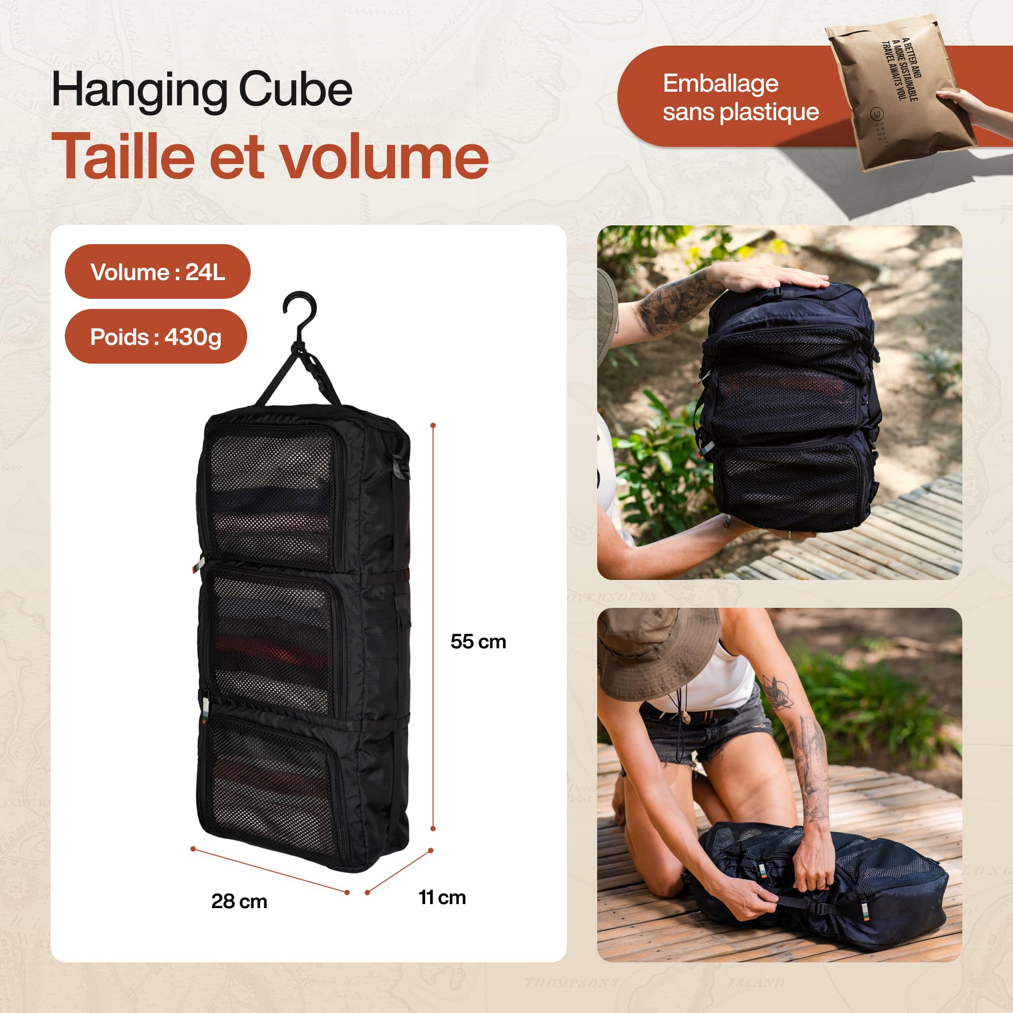 TRAVEL DUDE Compartimenteur de valise à susprendre, avec compression, en plastique recyclées | Cube d'emballage suspensible pour sac à dos | Sacs d'emballage portatifs pour sacs de voyage | Noir