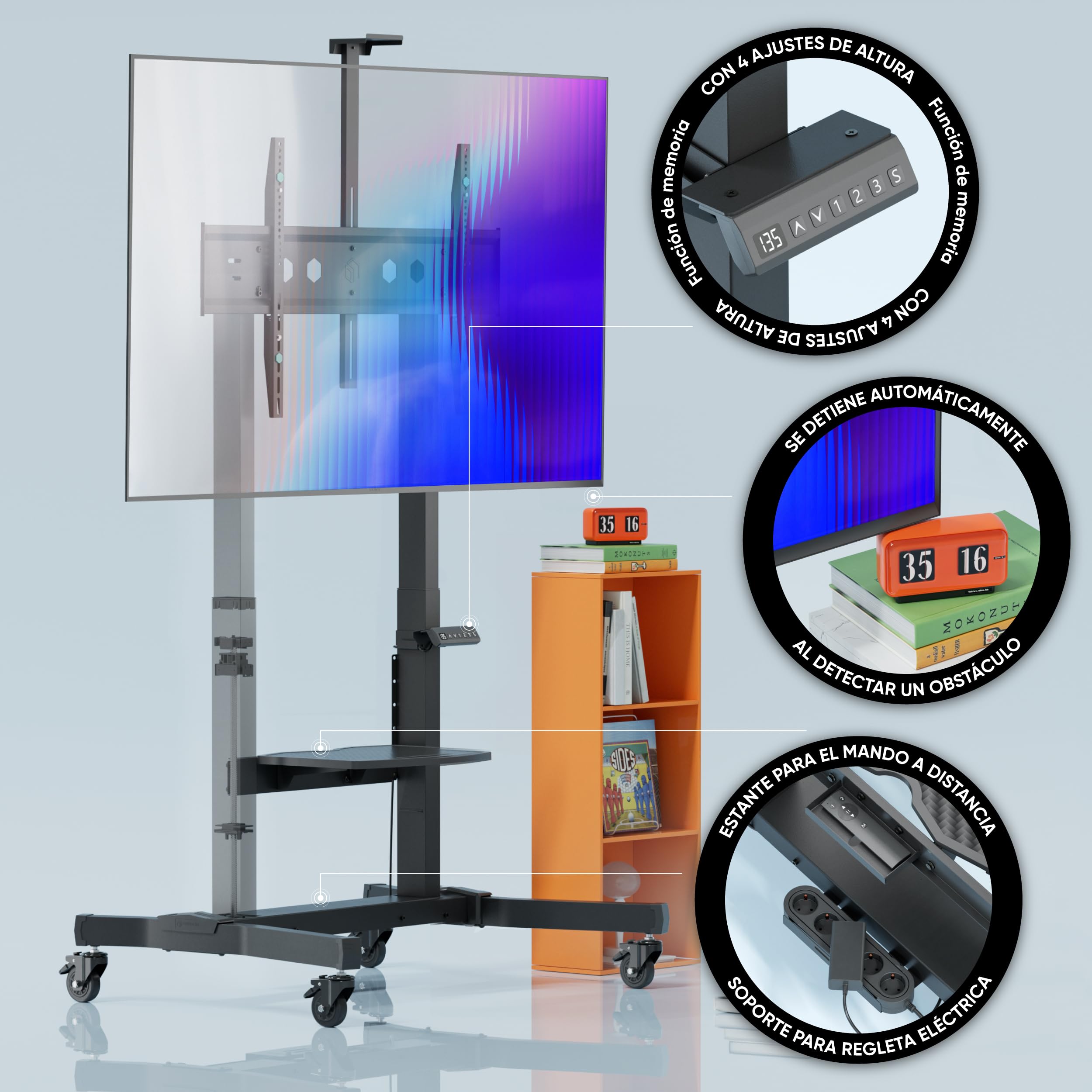ONKRON Soporte TV Motorizado 50"-100", 120 kg, máx VESA 1000x600, TS1991E-B | Carro TV eléctrico negro, altura 1130-1600 mm, para TV 120 kg y paneles táctiles 80 kg, con mando; para aulas y salas