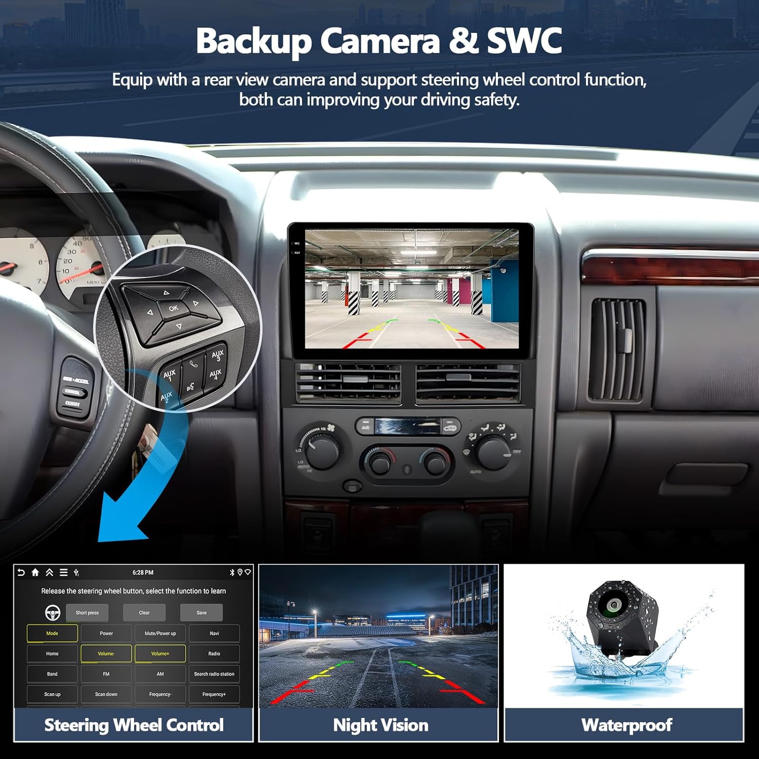 Diagram showing the dimensions of the head unit and a list of all included accessories.