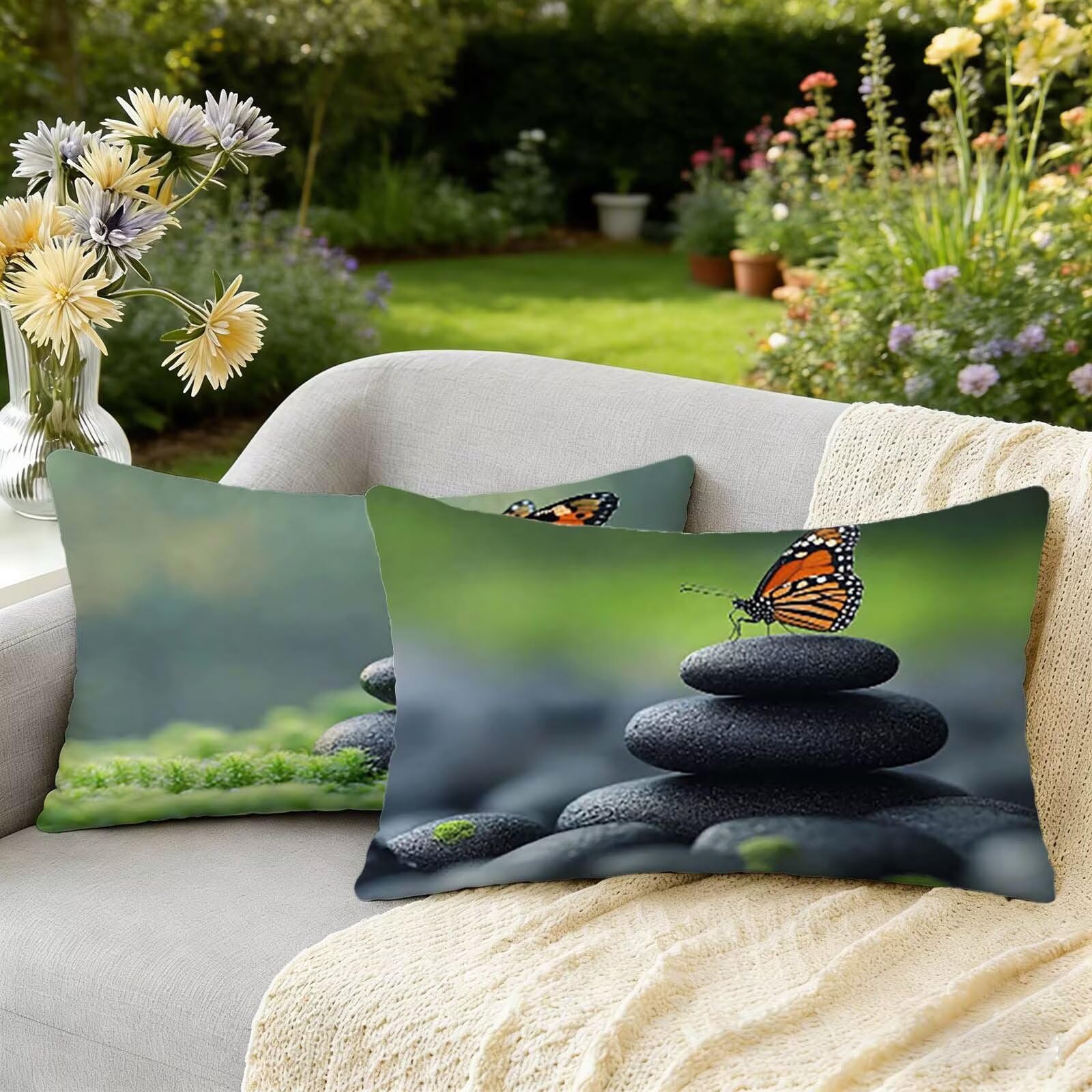 Coussin exterieur impermeable anti tache lot de 2 housses 25x45 lavables effet lin pierre