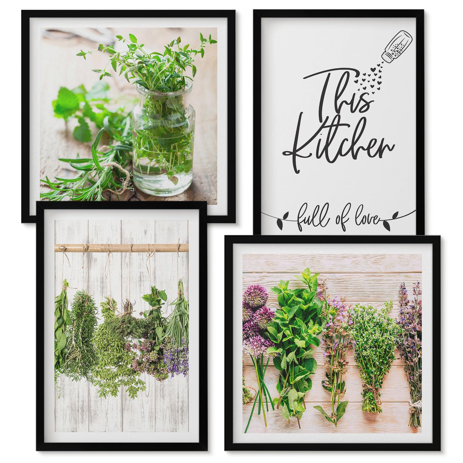 Wallfluent Wandcollage Pack 2x 50x50 + 2x 40x60 cm Schwarzer Rahmen | Leisten Trocknen von Kräutern und Pflanzen für die Küche