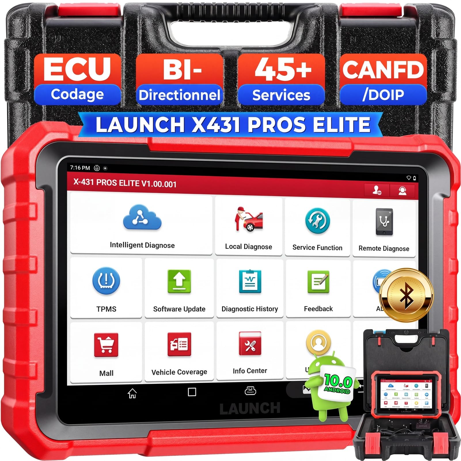 Launch X431 Pros Elite OBD2 Valise Diagnostic Auto Multimarque, Codage ECU