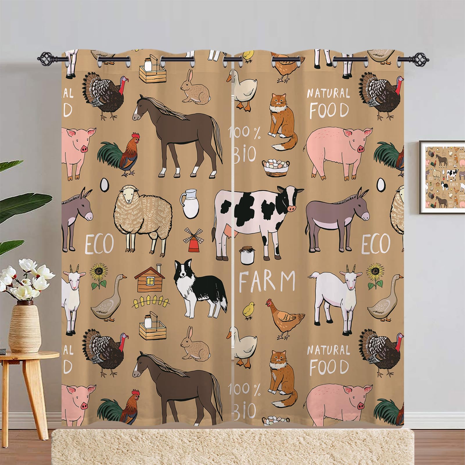 ANHOPE Farm Animal Curtains Eyelet Thermal Insulated Blackout Curtains Cow Sheep Horse Pig Chicken Duck Rabbit Cat Print Pattern Ring Top Drapes for Bedroom Living Room 66 x 90 Inch Drop 2 Panels