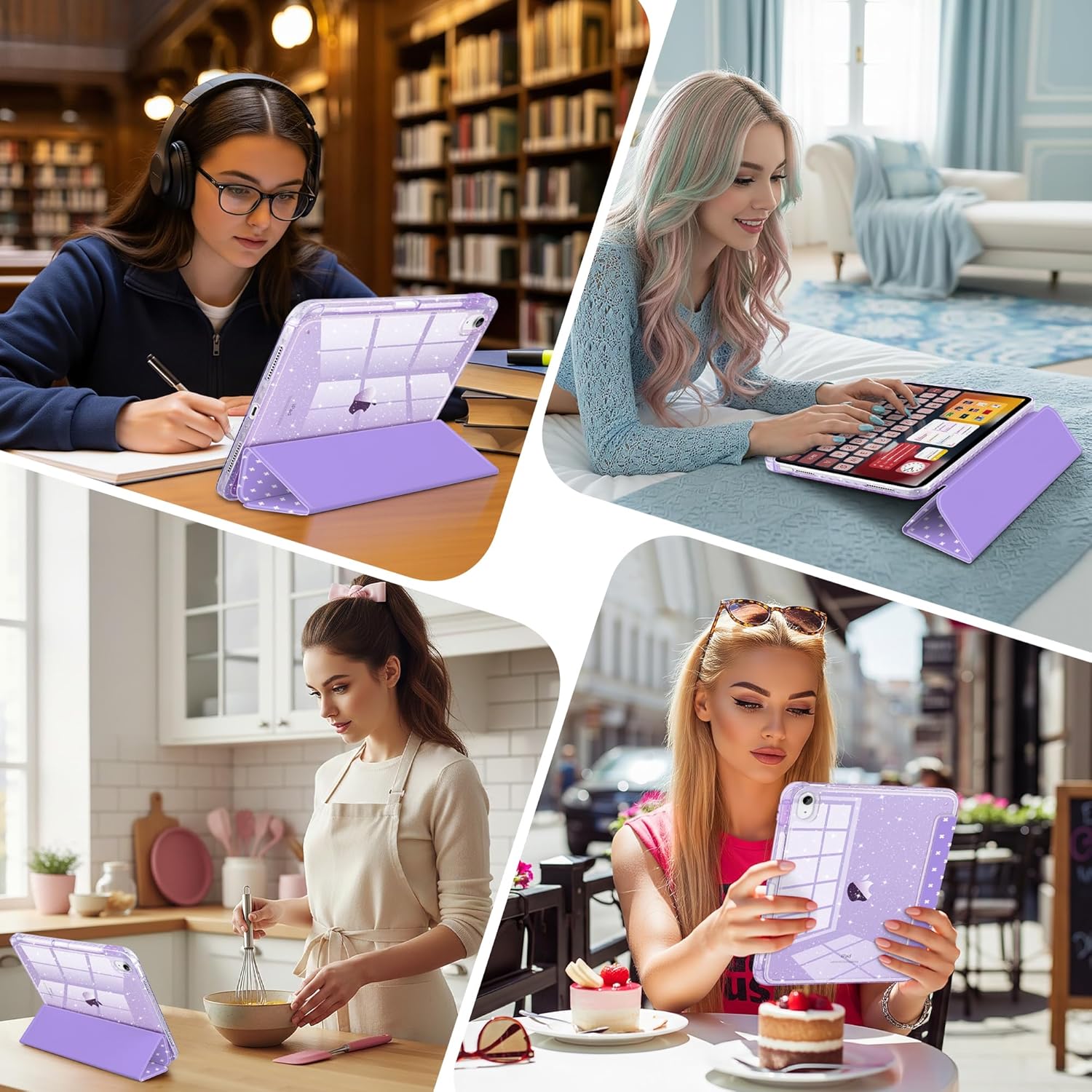 DONGKE for iPad Case 9th/8th/7th Generation 10.2 Inch (2021/2020/2019), Shockproof Glitter Acrylic Back with Trifold Stand, Pencil Holder & Auto Sleep/Wake - Purple Cross Dot