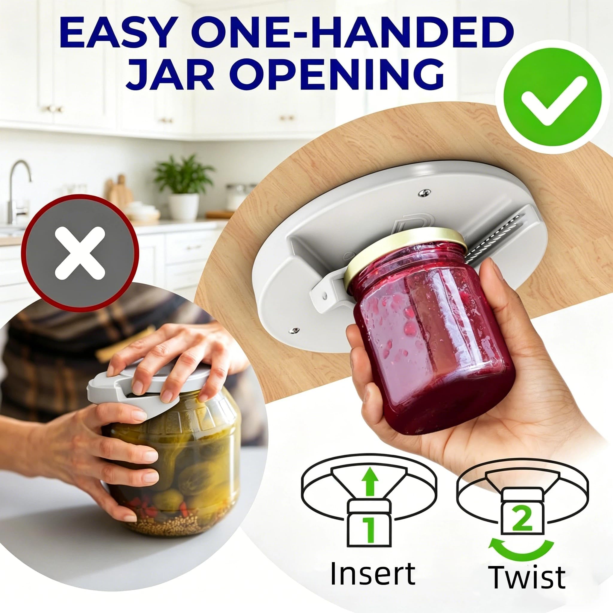 Under Cabinet Jar Opener & Bottle Opener for Arthritic Hands, White | 7 Inches (