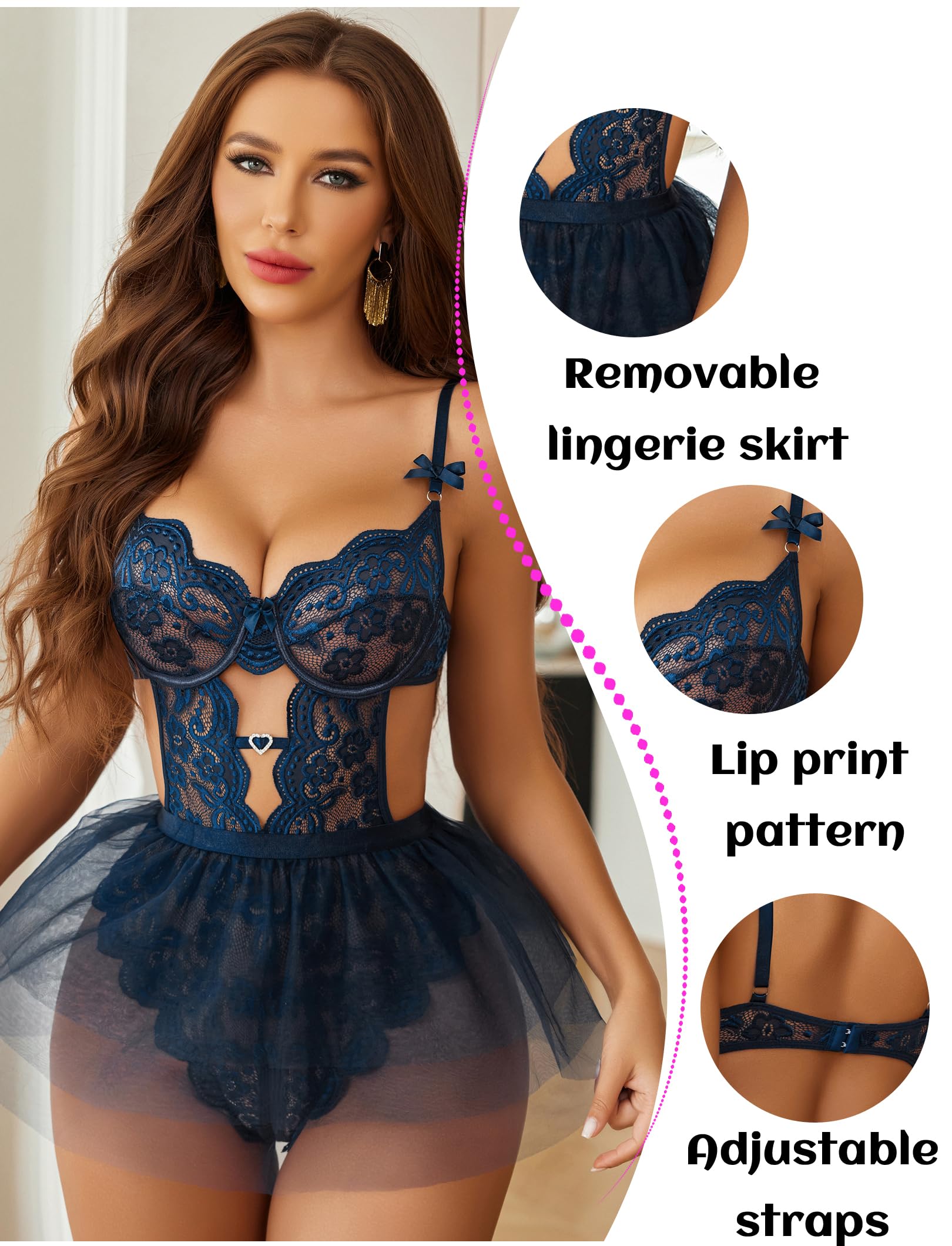 WBDWWTD Ensemble de Lingerie Sexy, Body à Armatures en Dentelle avec Mini-Jupe en Maille détachable, Lingerie Teddy Push Up