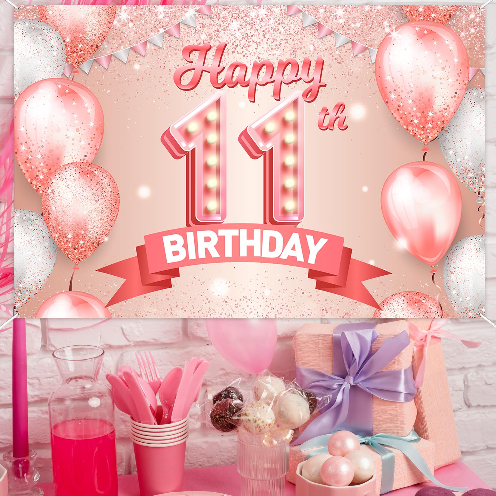 Stendardo Per 11° Compleanno In Tessuto Vinilico, 120x80 Cm, Decorazione Oro Rosa Per Festa Di Ragazza