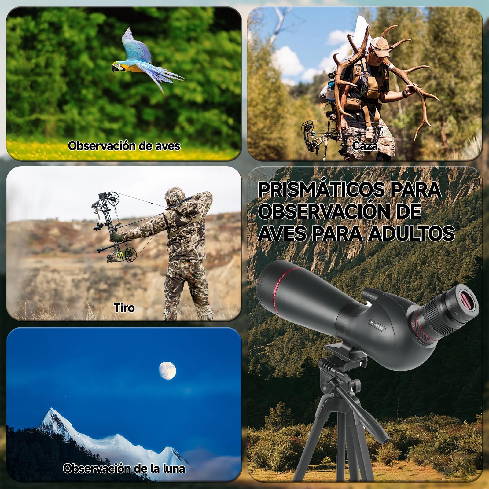 Telescopio Terrestre 20-60×82 mm HD | Prisma Porro BAK4 FMC, Ocular 27 mm, IPX7 Impermeable | Trípode + Adaptador Teléfono para Observación Aves, Caza, Tiro