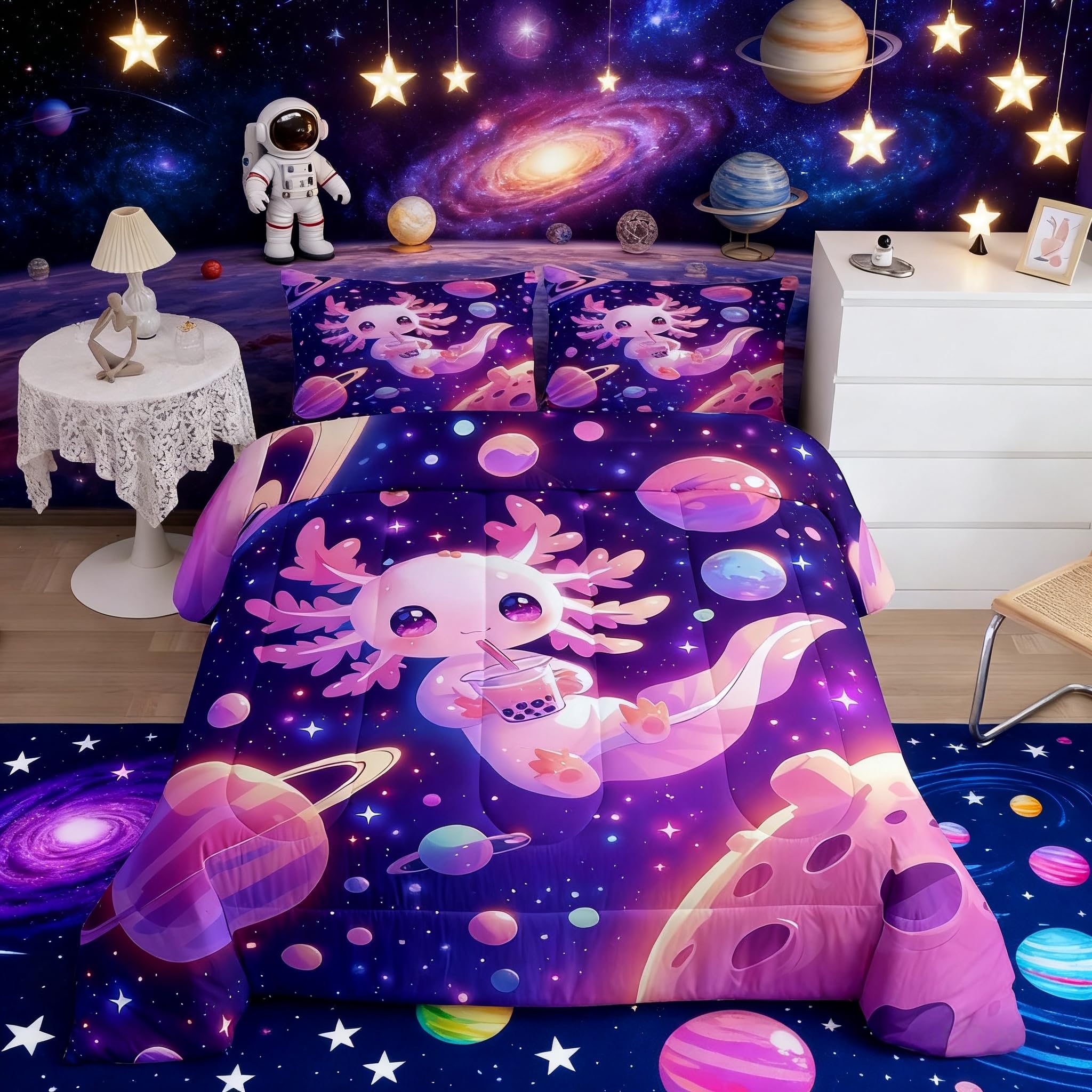 Parure de lit axolotl rose avec couette espace galaxie violette et 2 taies oreiller