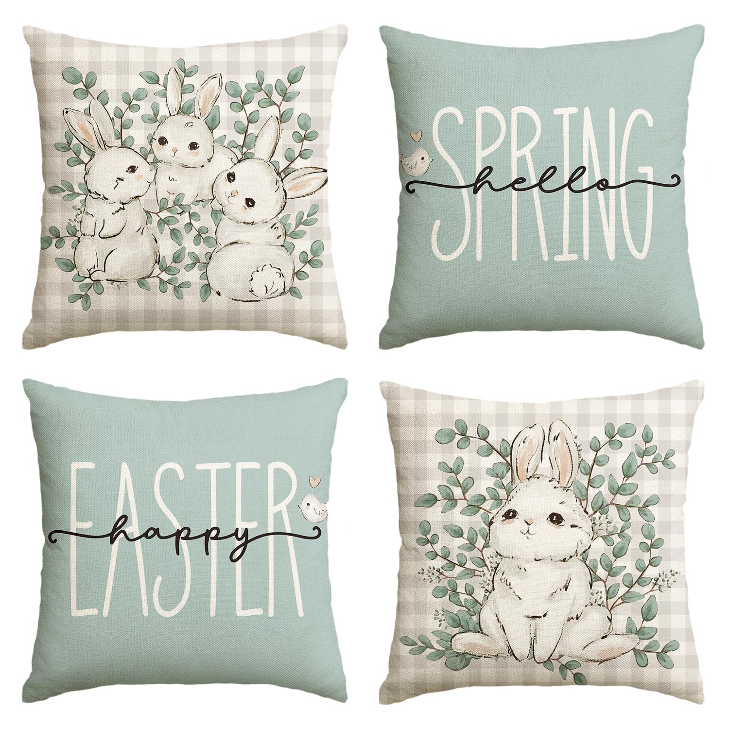 Artoid Mode Buffalo Plaid Rabbit Eucalyptus Easter Cushion Covers Set of 4, 40x40 cm Spring Decorative Pillow Case Cover Sofa Living Room Decor
