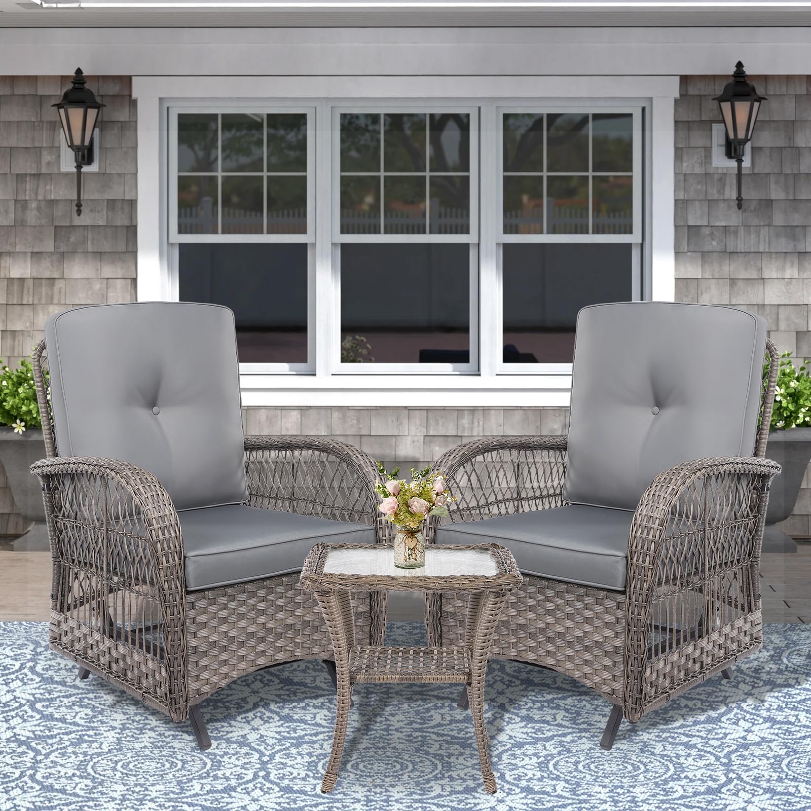 VIVIJASON3-Piece Outdoor Conversation Bistro Set, Patio Glider Rocking Chairs Rattan Furniture Sets w/ 2 Rattan Cushioned Chairs and Glass Top Side Table for Porch Backyard, Grey