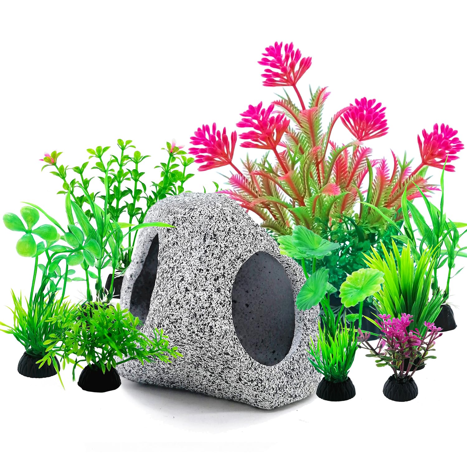 SLOCME Ensemble de 10 pièces de roches et de plantes pour aquarium & Grotte – Plantes d'aquarium en plastique colorées, décorations pour aquarium, abris en céramique pour la reproduction des poissons