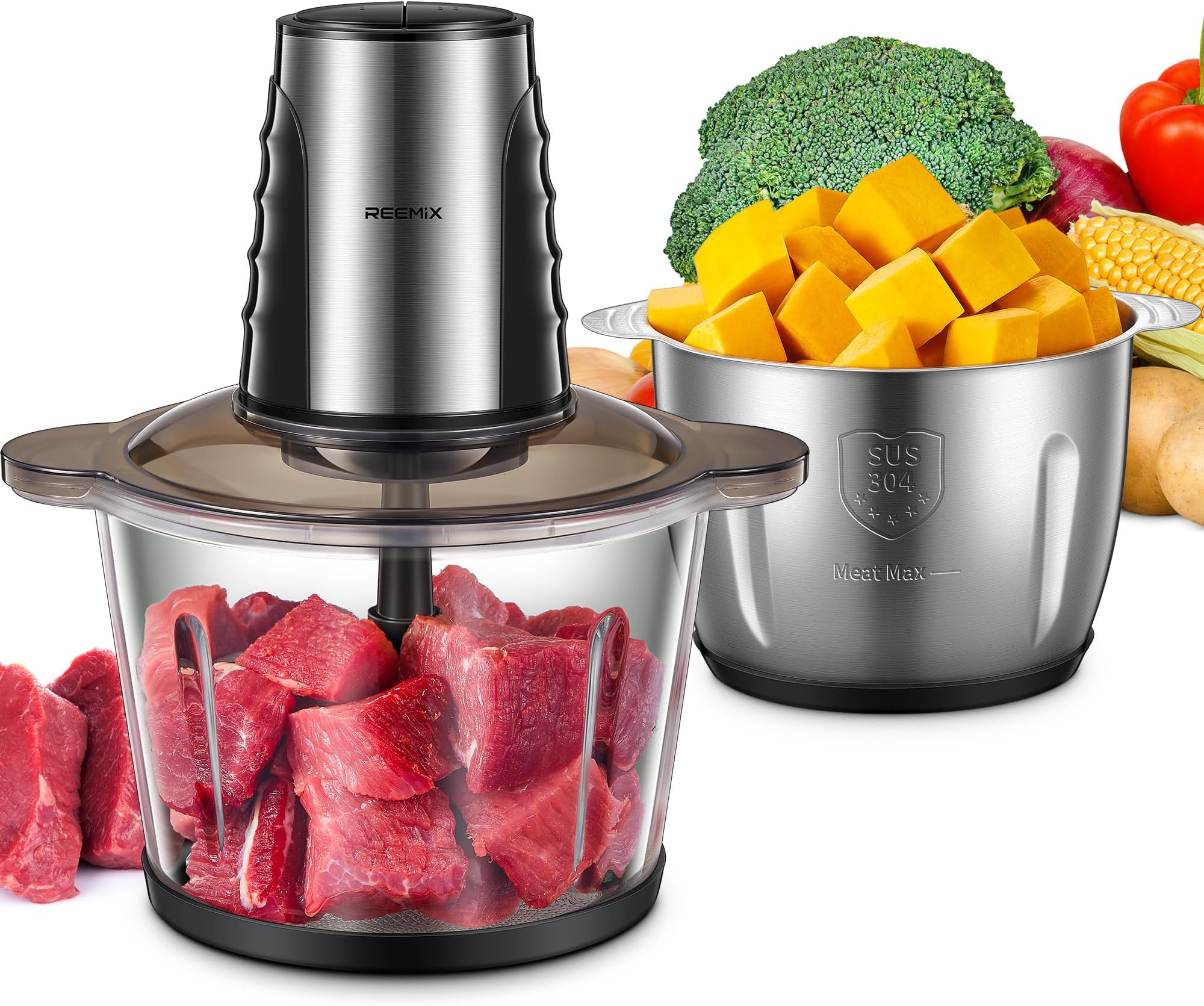 – Food Processors with 2 Large Bowls (3L+3L), Mini Chopper Electric Food Chopper, 2 Speed, 1 Bi-Level Blades, Meat Mincer 500W Copper Motor for Baby Food, Meat, Onion, Vegetables, Nut